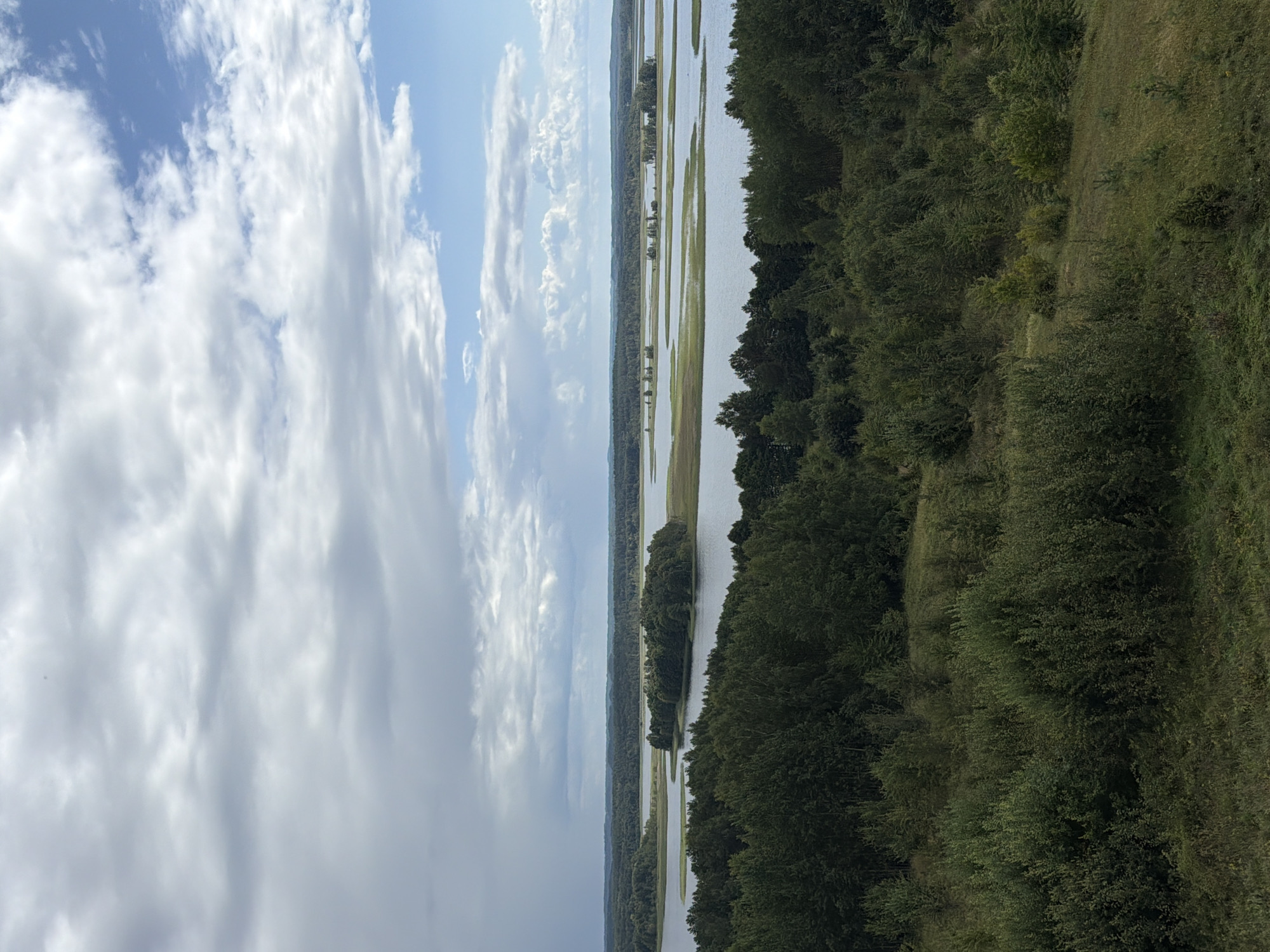 The image depicts a wide, panoramic view of a natural landscape. In the foreground, a dense, verdant forest covers the rolling hills. The trees are a mix of dark green foliage, suggesting a temperate climate. As the landscape recedes, a wide body of water, likely a lake or river, comes into view, dotted with small, tree-covered islands. The water is calm and reflects the sky. Beyond the water, a continuous expanse of forest stretches to the horizon, creating a layered effect. The sky is partly cloudy, with dramatic formations of grey and white clouds interspersed with patches of bright blue sky, hinting at dynamic weather conditions. The overall scene is one of natural beauty and tranquility, characteristic of a rural or wilderness area.
