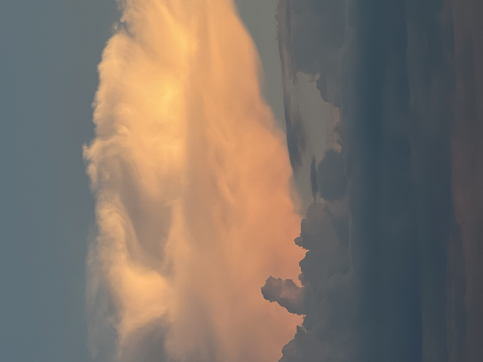 A sky filled with dramatic clouds at sunset or sunrise. The clouds are illuminated with warm, golden and orange hues, contrasting with the cooler blue sky above and the darker, shadowed clouds in the foreground. One cloud formation in the middle ground resembles a figure or an animal, adding an interesting visual element. The overall scene evokes a sense of natural beauty and awe. The image is a photograph of the sky, with no visible signs of a city or human presence.