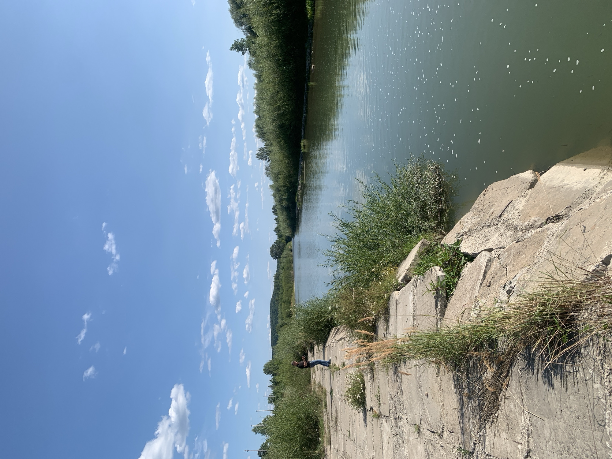 The image depicts a river scene in Nyzhnii Verbizh, Ukraine. A person stands on a concrete embankment, holding what appears to be a fishing rod. The embankment is weathered and overgrown with grass and small plants. The river is calm with scattered foam on its surface. Dense green foliage lines the opposite bank, with a treeline and hills visible in the distance. The sky is blue with scattered white clouds, indicating fair weather. The overall impression is one of a peaceful, natural setting on a clear day.