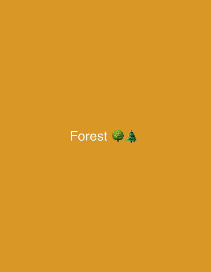 The image displays the word "Forest" in white text, centered horizontally, with two tree emojis to its right. The background is a solid, warm orange color. The scene is devoid of any specific city, landmarks, or environmental context that would indicate a location in Kołobrzeg, Poland. There are no people, animals, or objects other than the text and emojis. The lighting appears even and diffused.