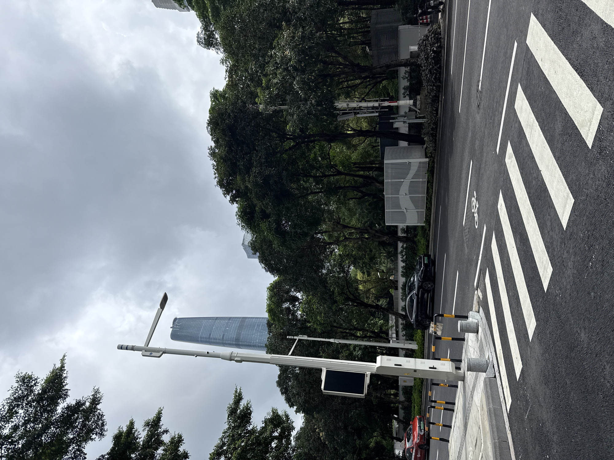 This image, taken in Tianhe District, China, captures an urban street scene on an overcast day. The composition is dominated by a street with a pedestrian crossing marked by white stripes. Adjacent to the road is a sidewalk with a modern lamppost equipped with a digital display screen and various sensors. Behind the sidewalk, a line of lush green trees forms a boundary, beyond which a tall, modern skyscraper with a distinctive curved glass facade stands out against the cloudy sky. Several cars are visible on the road, including a black sedan and a red vehicle further down. The overall atmosphere is calm and orderly, suggesting a typical urban environment. The time of day is indeterminate due to the overcast conditions, but it appears to be daytime. There is no discernible text in the image.
