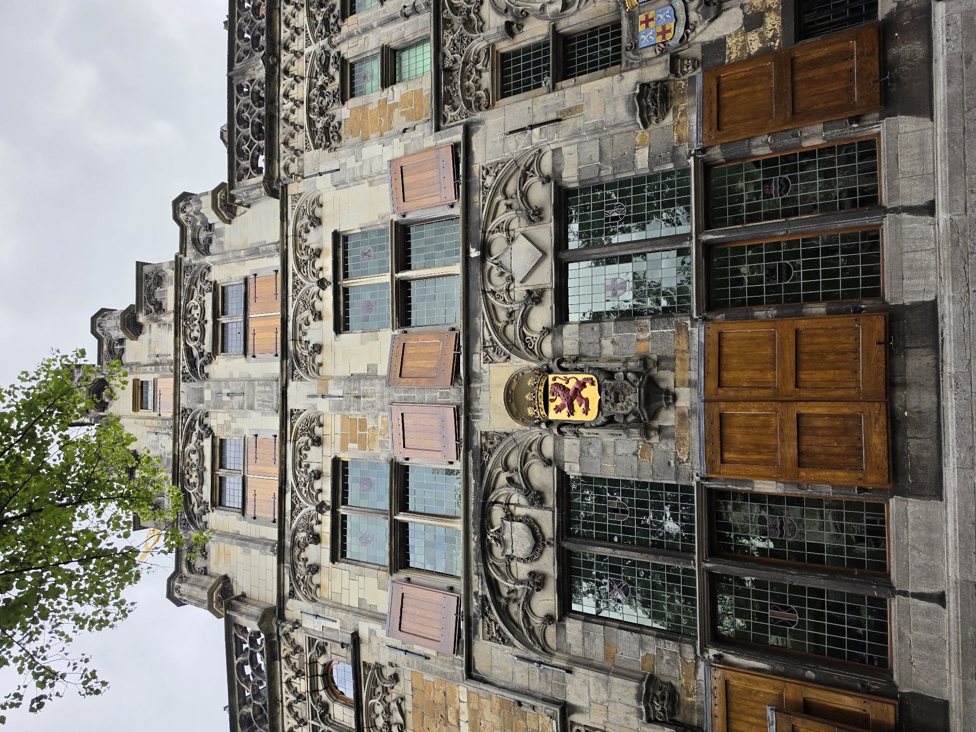 The image shows a close-up, low-angle view of the historic Waag building located in Delft, Netherlands. The building's facade is constructed from weathered stone and brick, featuring intricate architectural details. Multiple windows with wooden shutters are visible, some open and some closed, revealing leaded glass panes with heraldic crests. Prominently displayed on the facade is a coat of arms featuring a red lion on a yellow background, surmounted by a crown, flanked by decorative stone carvings. The building's upper levels exhibit ornate Gothic-inspired stonework, including tracery and decorative finials. A section of lush green tree branches hangs into the upper left corner of the frame, obscuring a small portion of the sky, which appears overcast. The overall impression is one of a well-preserved historical structure against a muted sky.