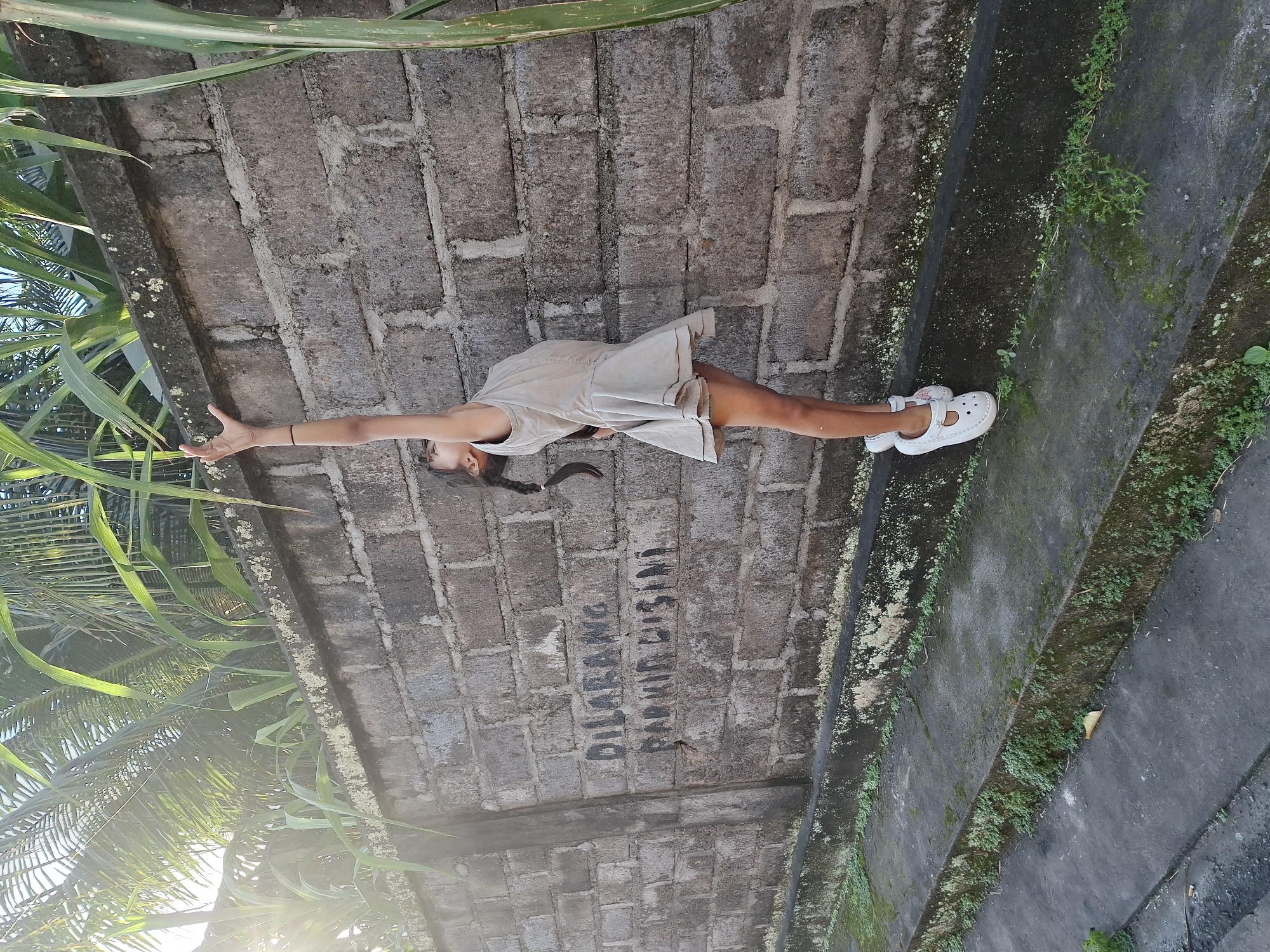 A young girl in a tan dress and white shoes is stretching her arm up towards the top of a brick wall. The wall is old and has some graffiti on it. There are plants growing on top of the wall and along the edge of the walkway. The sun is shining brightly, casting lens flare on the left side of the image. The ground in front of the wall is a concrete walkway with a drainage ditch.