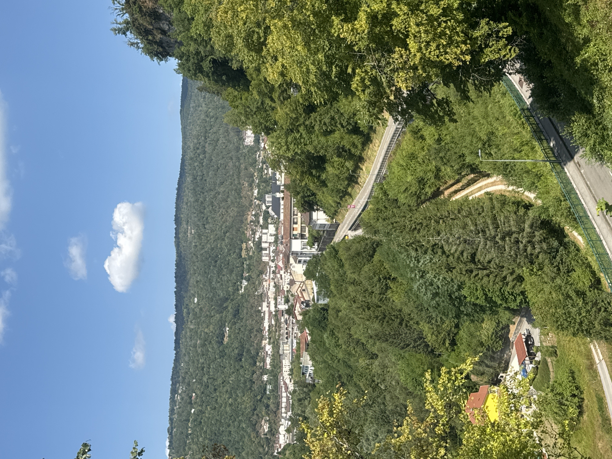 This image is a high-angle shot of Saint-Claude, France, on a clear, sunny day. The scene is dominated by lush green trees and a hilly landscape. In the foreground, a vibrant yellow house with a red roof is visible, nestled amongst dense foliage. A road with a green railing runs diagonally across the middle ground, with a bridge structure supporting it. Further in the distance, the town of Saint-Claude unfolds, with numerous buildings of varying sizes and architectural styles scattered across the hills. The town is backed by more densely forested slopes. The sky is a bright blue, dotted with a few white clouds. The overall impression is a picturesque view of a French town surrounded by nature.