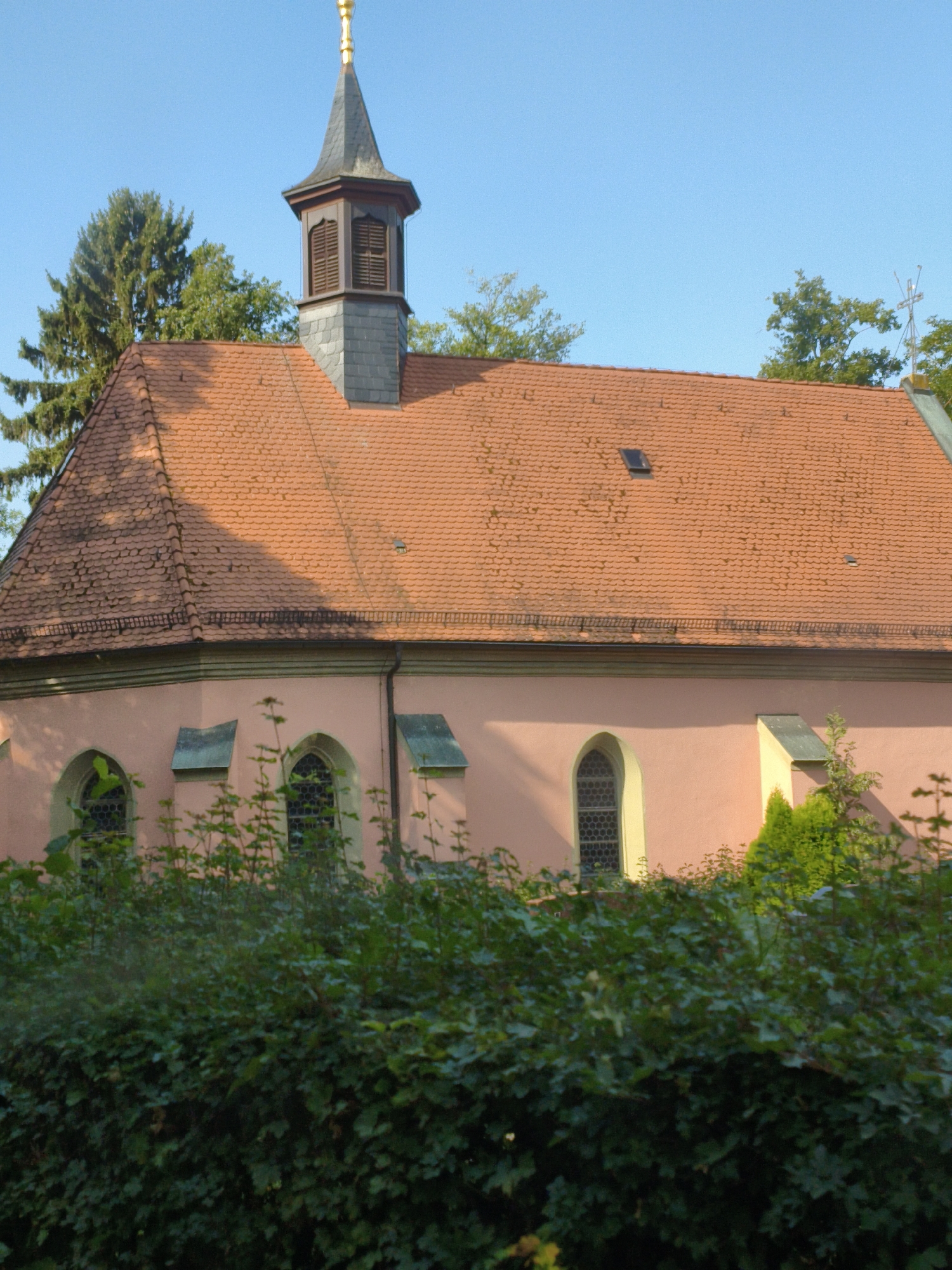 The image shows a pale pink church with an orange tiled roof and a dark grey steeple topped with a gold spire, situated in Burgwindheim, Germany. The church has arched windows, and a hedge of lush green foliage partially obscures the lower portion of the building. The sky is a clear, bright blue, and trees are visible behind the church and steeple. There are no people or animals in the image.