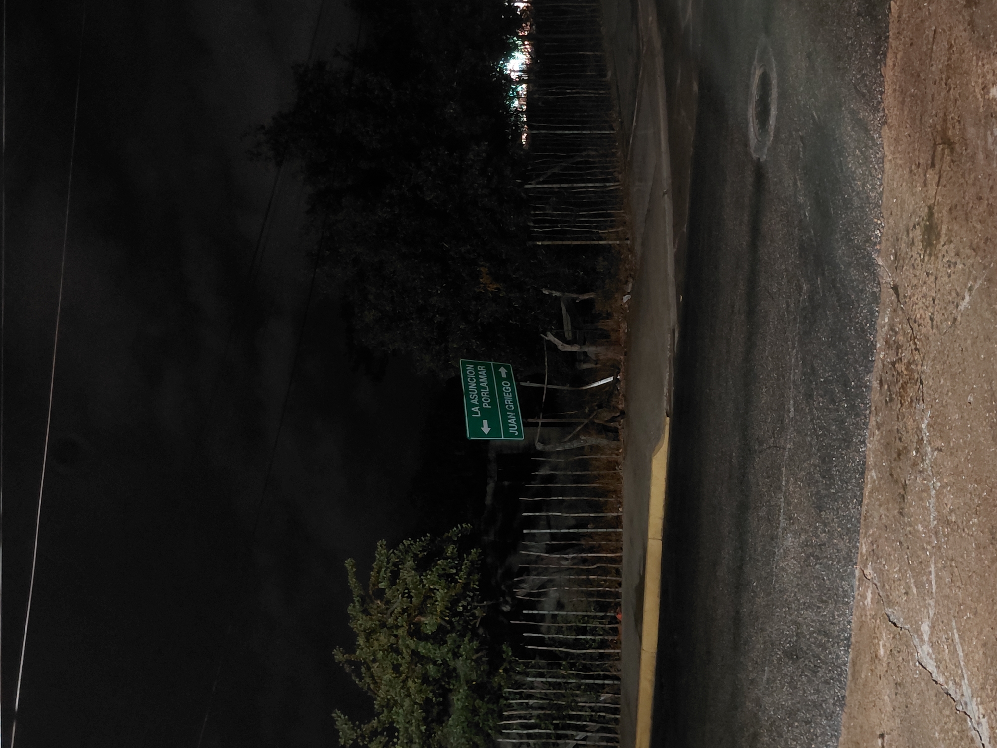 At night, a street sign points left to La Asuncion/Porlamar and right to Juan Griego. A rough, uneven concrete wall is on the right. A narrow road runs along the wall with a yellow curb. A wooden fence is partially visible alongside trees and foliage. Street lights are faintly visible in the distance. Power lines stretch into the dark sky. The image is taken at night. The exact location in the city of Santa Ana, Venezuela, is not possible to determine solely from the image.
