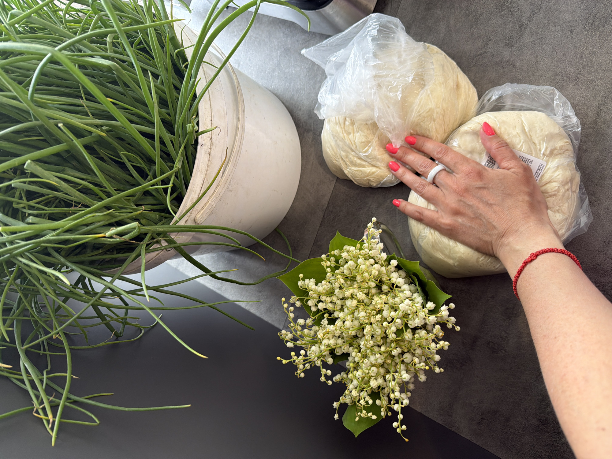 On a dark gray surface, a scene unfolds with several distinct elements. A large, off-white pot overflows with tall, green, slender stalks. To the right of the pot, there are two plastic bags filled with a light yellow, dough-like substance. A woman's hand, adorned with coral-colored nail polish and a white ring, rests on one of the bags. A small bouquet of lilies of the valley lies between the pot and the bags. The woman's forearm, bearing a red bracelet, extends into the frame. The setting is a tabletop or countertop indoors. There are no elements in the image that indicate that this is Birobidzhan, Russia.