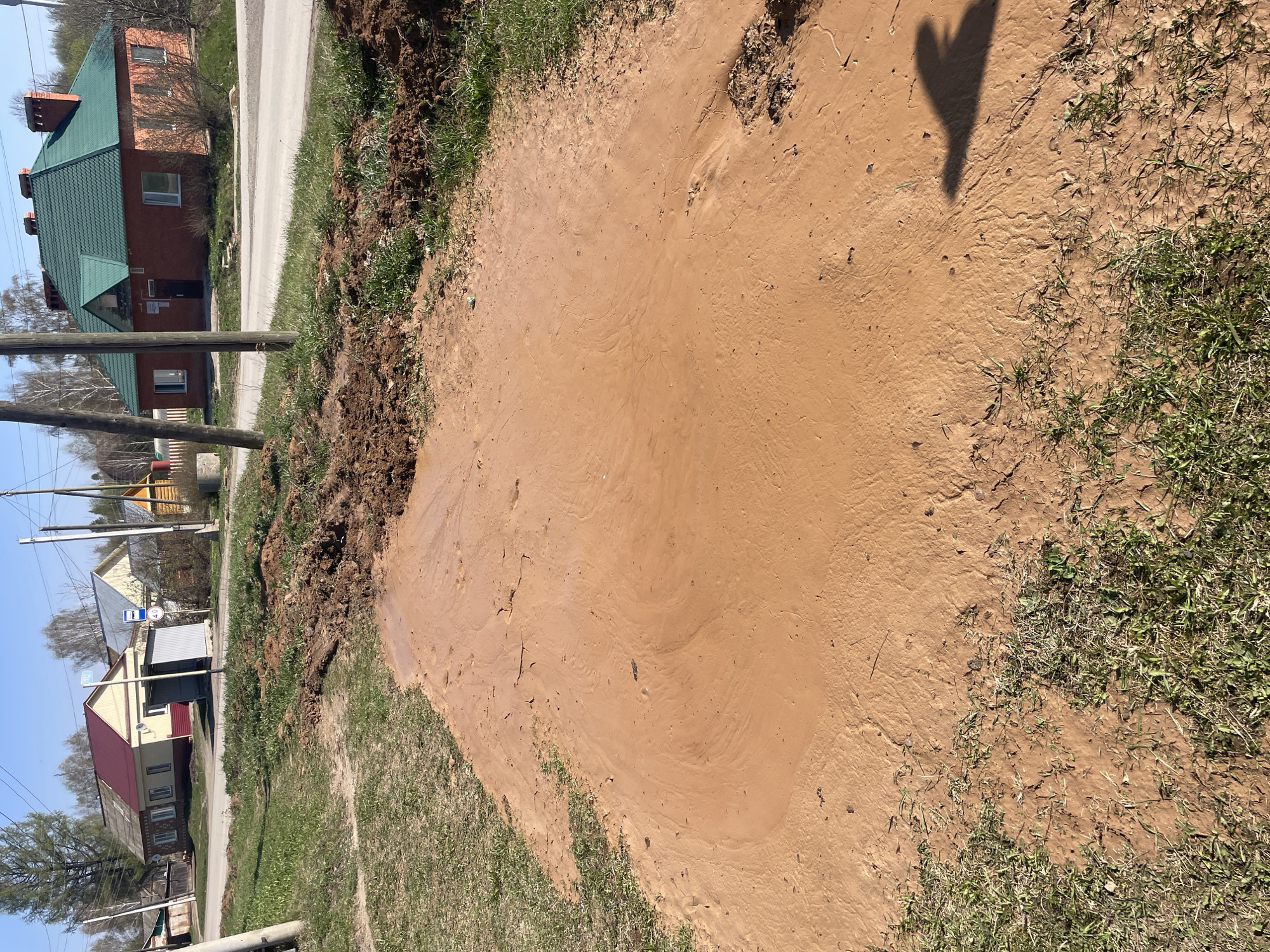 The image depicts a flooded area in Поедуги, Russia. The ground is covered in a thick layer of reddish-brown mud, obscuring the grass and extending towards the roadside. A pile of excavated soil sits on the edge of the water. In the background, there are houses and a bus stop. An electric pole is close to the houses. The shadow of a person/object can be seen over the mud.