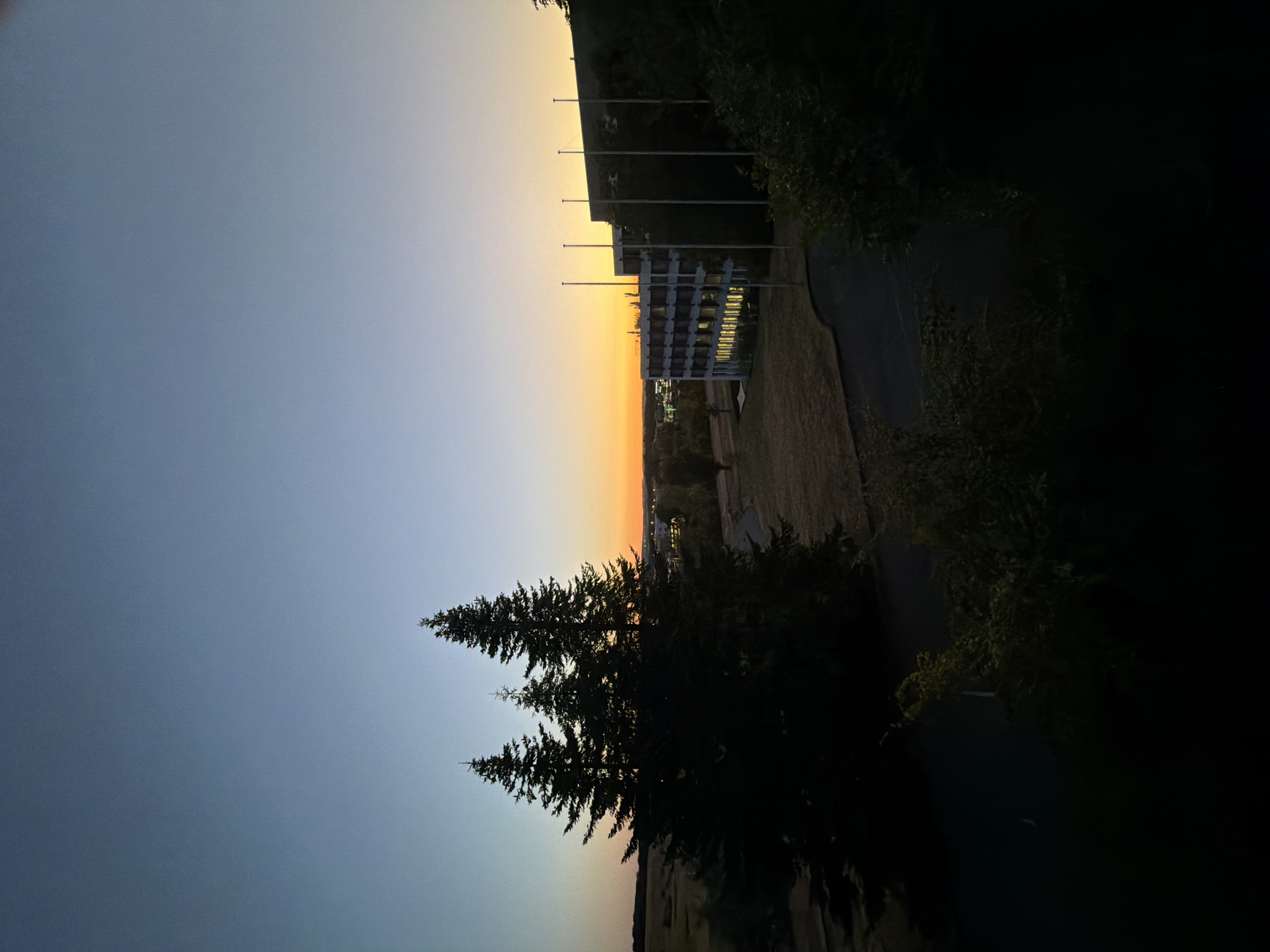 The image captures a twilight scene in Leudelange, Luxembourg, with a gradient sky transitioning from deep blue at the top to vibrant orange near the horizon. In the foreground, silhouetted pine trees stand tall on the left. To the right, a modern building with multiple windows, some illuminated, is visible. The building appears to be an office or administrative structure. Several flagpoles stand in front of the building. The ground in front of the building is a mix of dry grass and a paved area or road. The overall environment suggests an urban or suburban setting at the edge of a developed area, with natural elements like trees and open land.