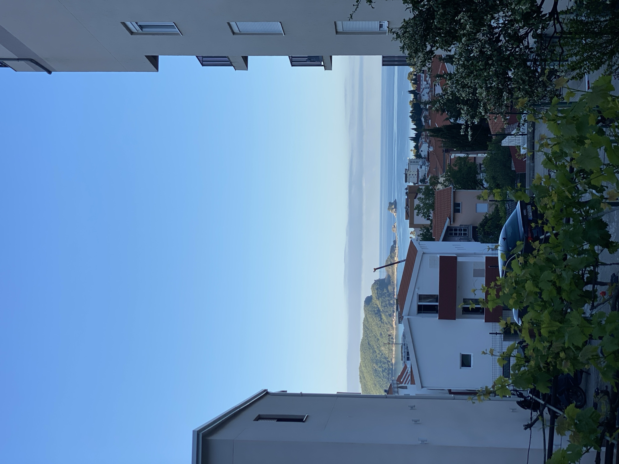 A view of Budva, Montenegro, captured between two buildings, showcases a bright blue sky, a strip of the Adriatic Sea, and the urban landscape interspersed with greenery. The architecture is dominated by multi-story residential structures with light-colored facades. Lush vegetation and trees are visible on the right side of the frame. A small island is seen in the distance within the sea.