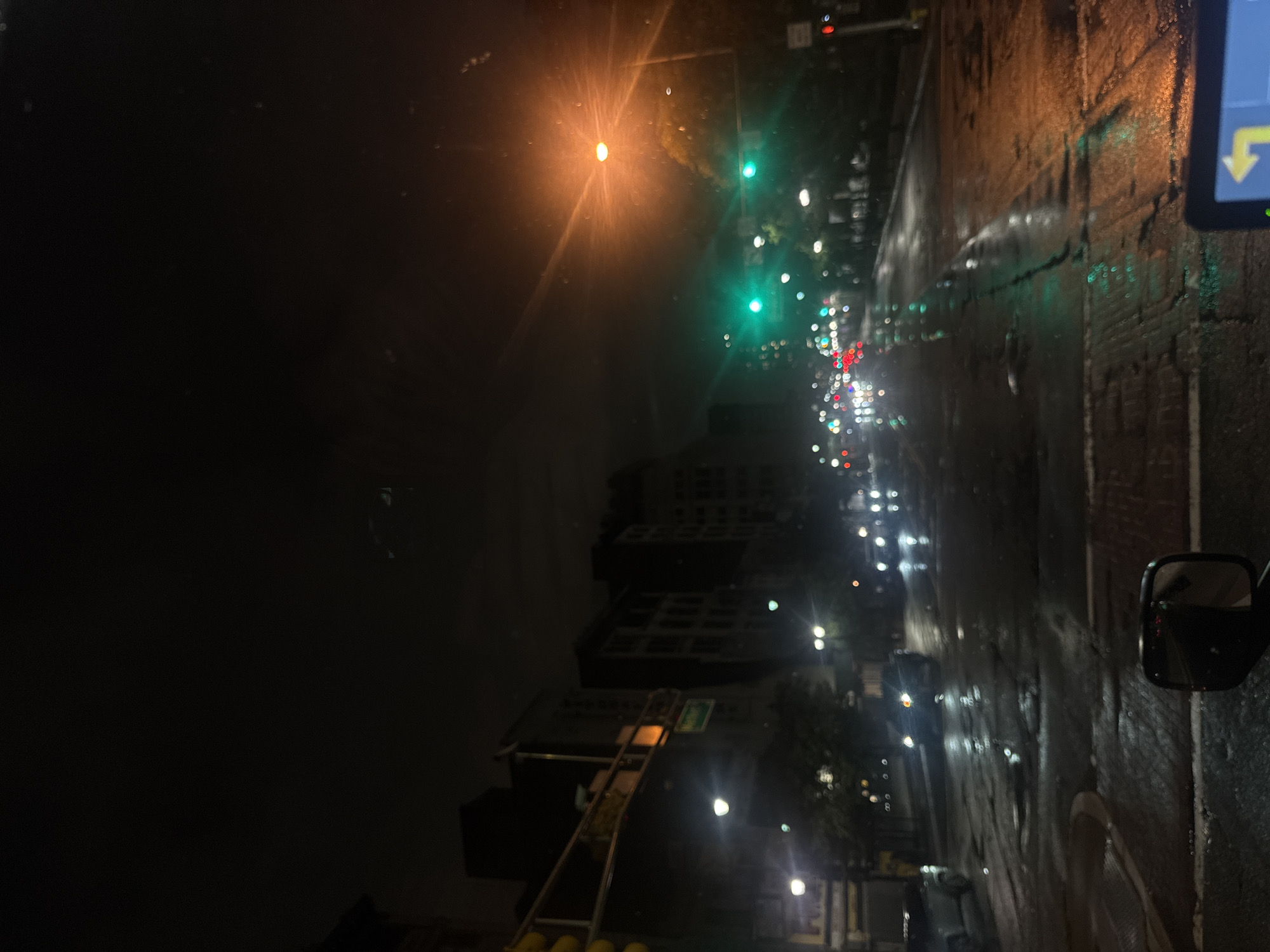 The image depicts a night-time view of a wet city street in Newark, USA, likely from the perspective of a vehicle. The road surface is slick with rain, reflecting the lights from streetlamps, traffic signals, and vehicles. Buildings line the street on the left side, their facades dark and indistinct against the night sky. Traffic lights are visible, with green lights illuminated. Several cars are present, their headlights and taillights creating streaks of light on the wet pavement. The overall atmosphere is moody and somewhat desolate due to the darkness and rain.