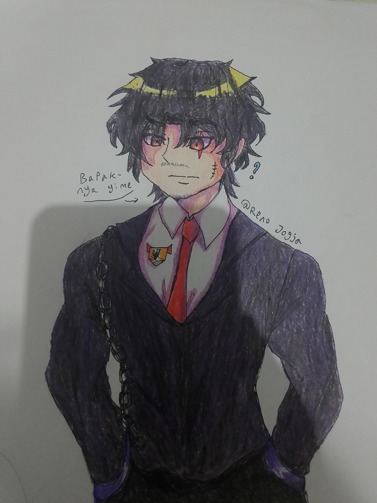A watercolor drawing on white paper depicts an anime-style man in a black suit and red tie. He has black, messy hair with yellow tips, red eyes, and stitches on his cheek and forehead. A silver chain hangs from his left shoulder. Text in Indonesian on the left side of the image reads "Bapak-nya yime," with an arrow pointing to the man. To the right of the man's head, a blue question mark is drawn. The artist's signature, "@Reno Jogja," is written in cursive on the right side of the image. The drawing is set against a plain white background, with faint shadows suggesting a light source from the top left. The scene does not depict any specific location in Se'pon, Indonesia.