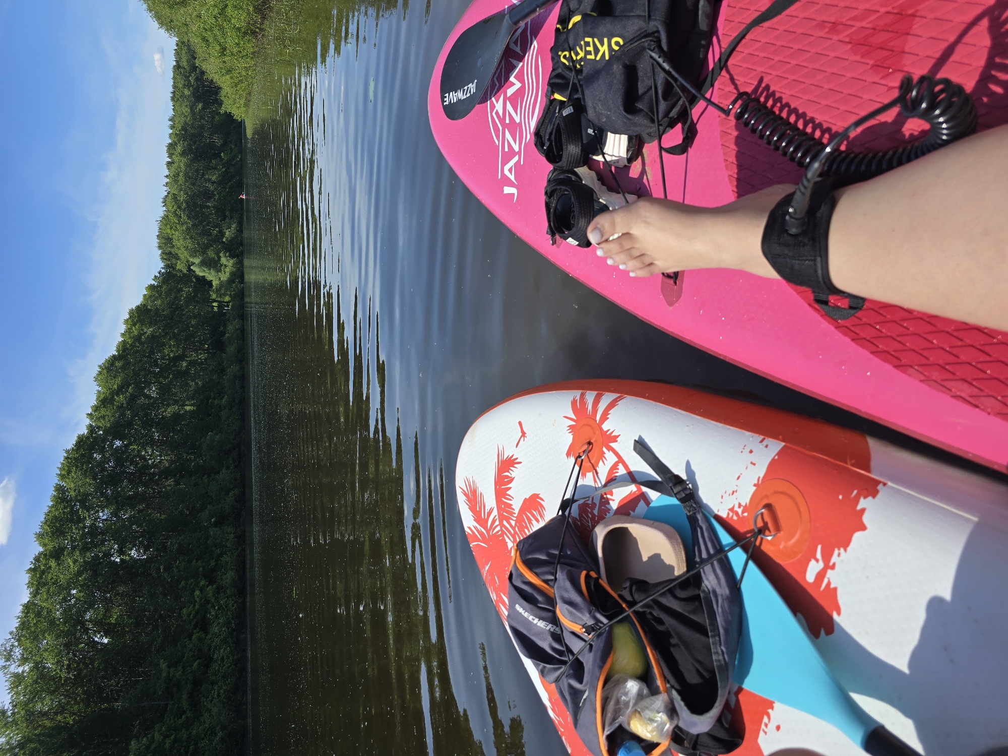 The image presents a first-person perspective from a stand-up paddleboard on a calm body of water, likely a river, in the Vologda region of Russia, under a clear, sunny sky with sparse white cumulus clouds.
In the immediate foreground, two inflatable stand-up paddleboards are visible. The board on the left is white, decorated with red palm tree and bird silhouettes. A black "SKECHERS" branded backpack with orange accents, containing light-colored items in a plastic bag and a light brown sandal, is secured to its surface. A blue paddle blade is partially visible beneath the backpack. The board on the right is pink, displaying the "JAZZWAVE" brand name in white lettering along with a mountain logo. A bare right foot, with white-painted toenails, rests on this board, connected by a black ankle leash to a coiled black safety leash. Next to the foot are a pair of black and white athletic shoes and a black "SKECHERS" branded drawstring bag. A black paddle shaft is also visible on this board. The water surface directly around the boards shows minor ripples.
The midground features a wide expanse of dark, calm water, reflecting the blue sky and green foliage. A small, distant red object, possibly a buoy or another watercraft, is faintly visible down the waterway.
The background consists of dense, lush green trees lining both banks of the water body, typical of a natural, forested riverine environment. The trees on the left bank appear to be on a slightly elevated embankment. No specific urban structures or definitive landmarks of Vologda are present; the scene depicts a natural landscape. The presence of a foot and associated gear indicates at least one individual is participating in paddleboarding.