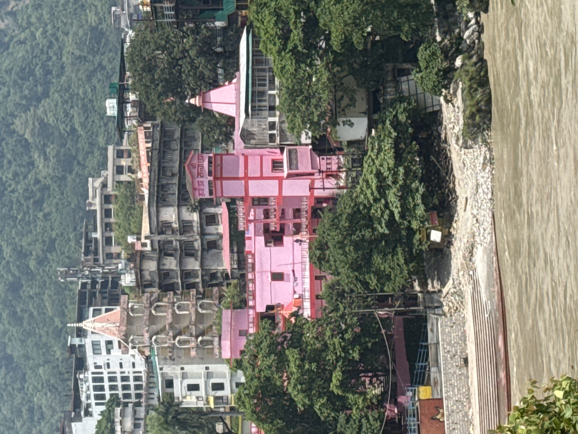 This is a medium-shot, eye-level, vertical-format, natural-light photograph of the ghats and buildings on the bank of the Ganges River in Rishikesh, India. The river occupies the bottom third of the frame, its brown, murky water flowing from right to left. The riverbank is composed of stone steps leading down to the water, a stone wall, and an area covered in rubble and debris.
Behind the riverbank, several buildings are visible. The most prominent is a bright pink, multi-story structure with red trim. It has a tower-like section with a pink spire. To the left of this building is a taller, grey and white structure with arched windows and a pink spire on its uppermost section. Further back, on a hillside, are numerous other buildings, some appearing modern with white facades and dark windows, while others are older and more weathered. Dense green foliage from trees obscures parts of the buildings, particularly in the middle and right sections of the frame. The background is a lush, green, tree-covered mountain slope. No people are visible in the image.