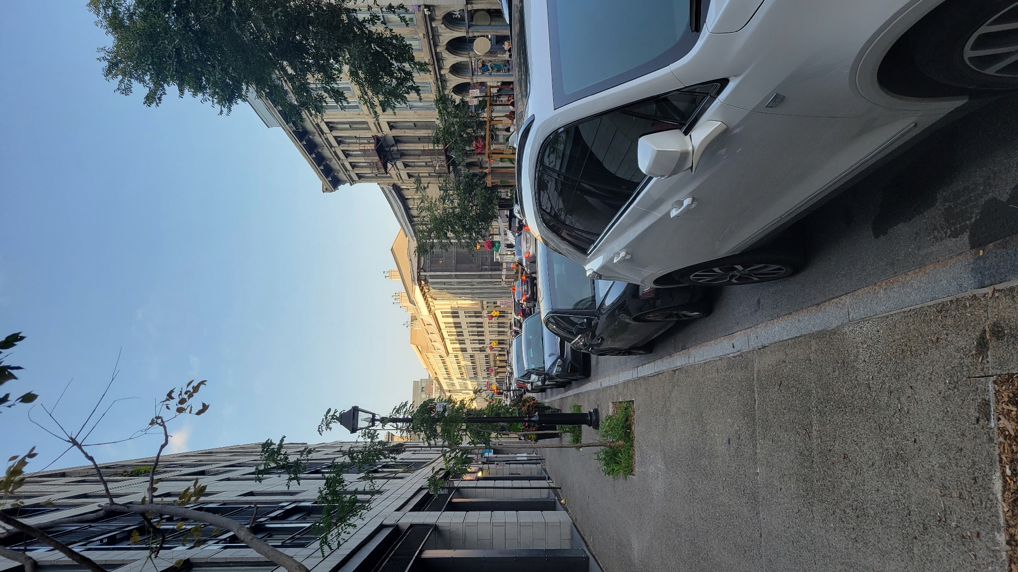 A street scene in Montreal, Canada, depicts a sidewalk alongside a street lined with parked cars and buildings. The sidewalk is paved with concrete and shows some debris. Several trees are planted along the sidewalk. A streetlamp stands near the sidewalk. Cars are parked along the curb on the right side of the street. The buildings on the right appear to be older architecture with multiple stories and arched windows. On the left, a modern building with a glass facade and stone accents is visible. The sky is clear with a few wisps of clouds. The scene appears to be captured during the day.
