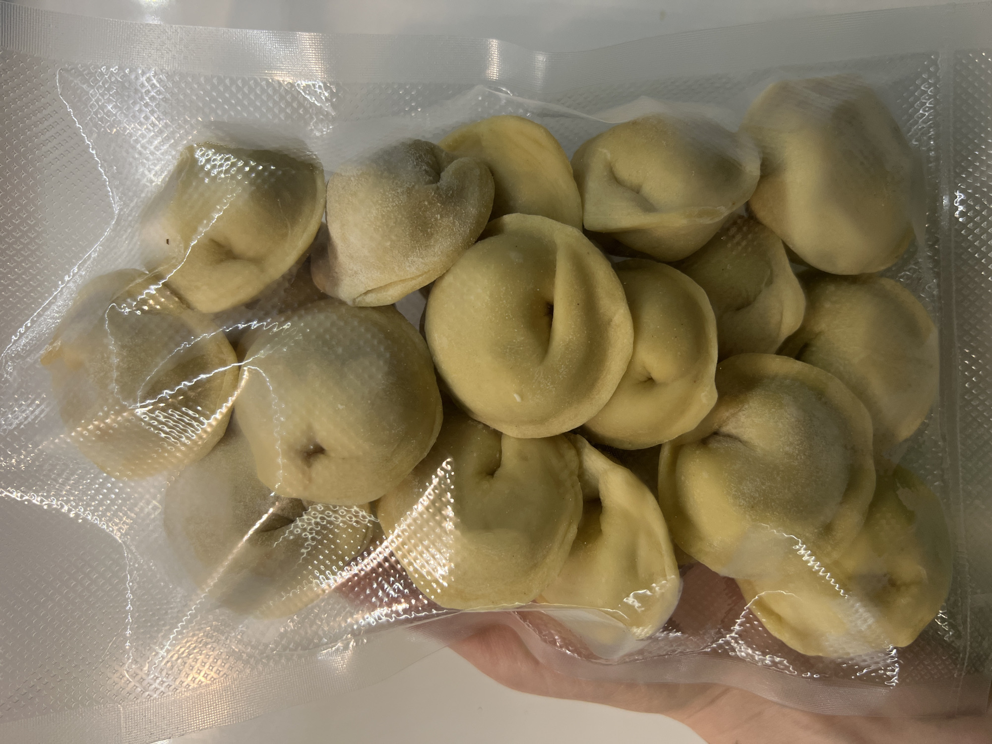 A close-up shot depicts a clear, vacuum-sealed plastic bag containing a cluster of approximately 15-20 pale yellow dumplings, likely pelmeni or a similar filled pasta. The dumplings are irregularly arranged within the bag, varying slightly in shape and size, with some exhibiting a dusting of flour or ice crystals. The plastic bag is transparent, revealing the contents and its textured surface. A portion of a fair-skinned human hand is visible supporting the bottom of the bag. The subject's location in Palilula Urban Municipality, Serbia cannot be determined from the visual data.