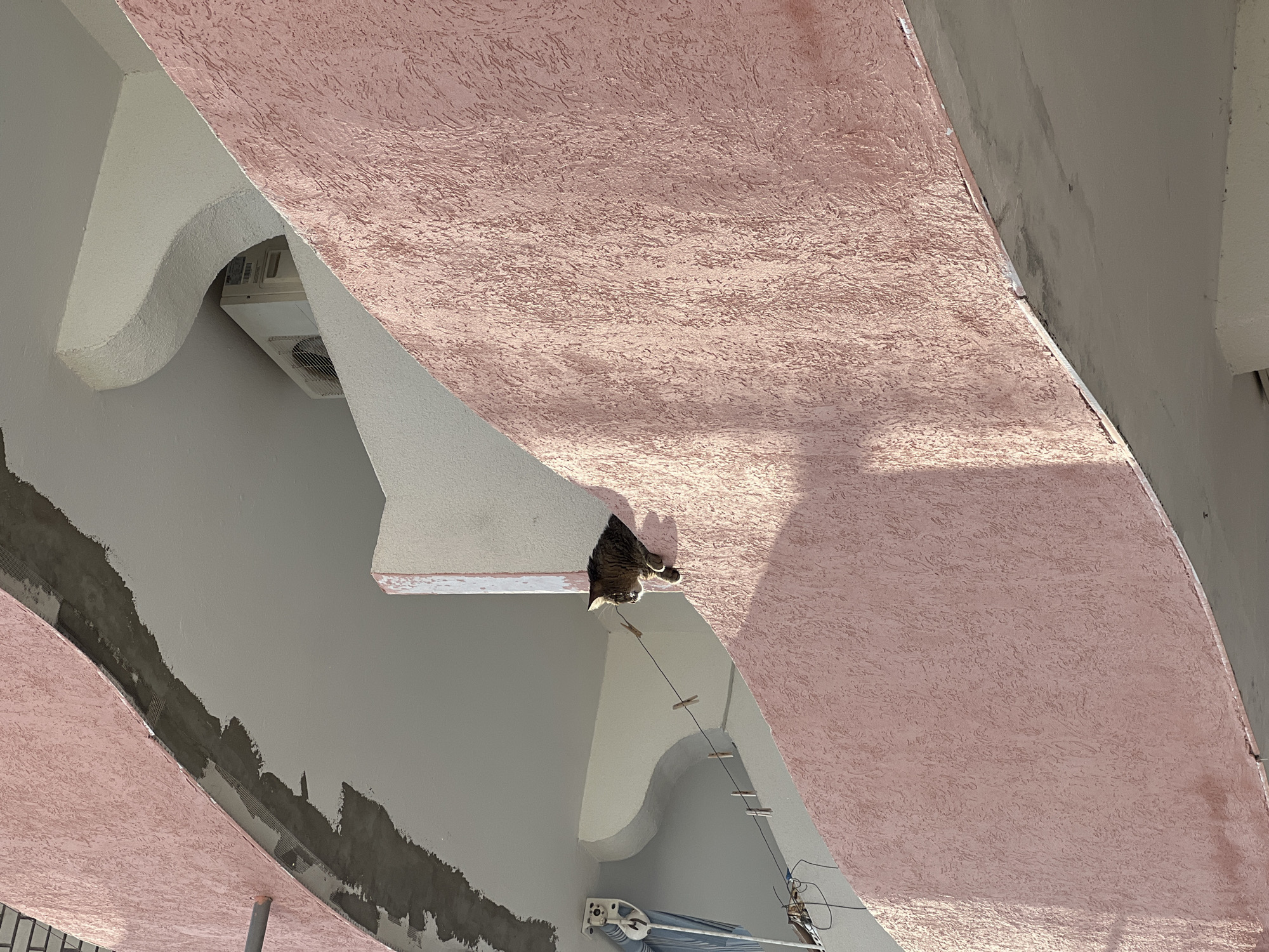 An upward-angled shot captures the underside of an architectural structure, revealing a tabby cat perched on a ledge. The scene is dominated by a textured, salmon-pink surface, likely the underside of a balcony or overhang, contrasting with the smooth white and light grey walls and beams that form the support structures. Bright daylight illuminates the area, casting distinct shadows.
The cat is positioned near the center-right of the frame, looking down from its elevated spot. Below the cat, a clothesline strung with several wooden clothespins extends across the space. Further down, a white, retractable clothes drying rack or awning is folded against a wall. An air conditioning unit is mounted on a wall to the upper left, partially framed by a curved architectural element. Areas along the lower left show exposed concrete, mortar, and mesh, suggesting ongoing construction or renovation work. The overall impression is an outdoor, urban environment, likely a residential building in Budva, Montenegro, on a clear, sunny day. No text is visible in the image.