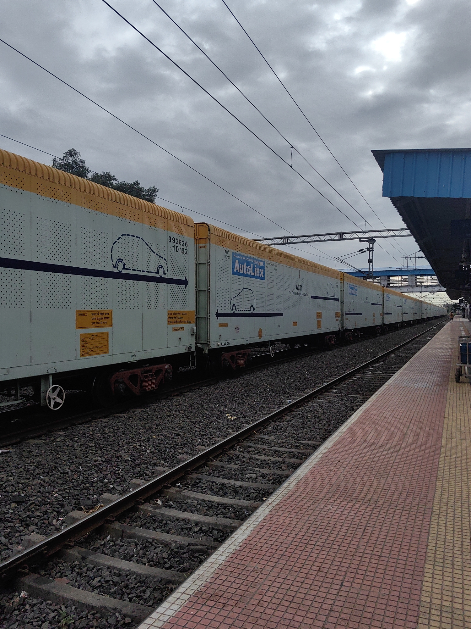 An overcast sky looms over a train at the Malkapur, India train station. The train, an AutoLinx car carrier, is comprised of multiple light gray wagons with yellow accents. Each wagon features a dark blue stripe with a silhouette of a car and the AutoLinx logo. The train is parked on a track filled with dark gravel. A red and yellow tiled platform runs alongside the track, with a blue awning overhead. A lone figure walks on the platform in the distance.