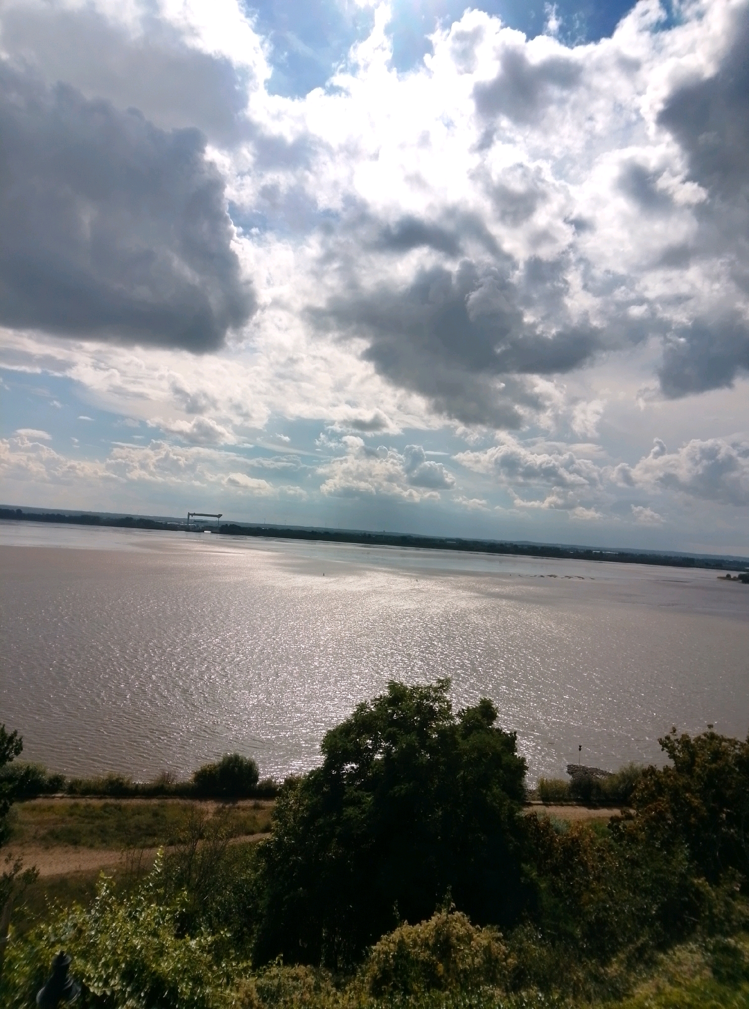 The image depicts a wide expanse of calm water under a dramatic sky filled with a mix of dark and bright clouds. Sunlight breaks through the clouds, casting a shimmering reflection on the water's surface. In the distance, a silhouetted industrial structure, possibly a gantry crane or a bridge component, is visible on the far shore, which is lined with a low-lying landscape of trees and vegetation. The foreground features a grassy embankment with scattered bushes and trees, suggesting a vantage point overlooking the body of water. The overall scene conveys a sense of natural beauty and industrial presence. This scene is likely the Elbe river in Hamburg, Germany, given the presence of industrial elements along the waterfront and the characteristic appearance of the landscape.