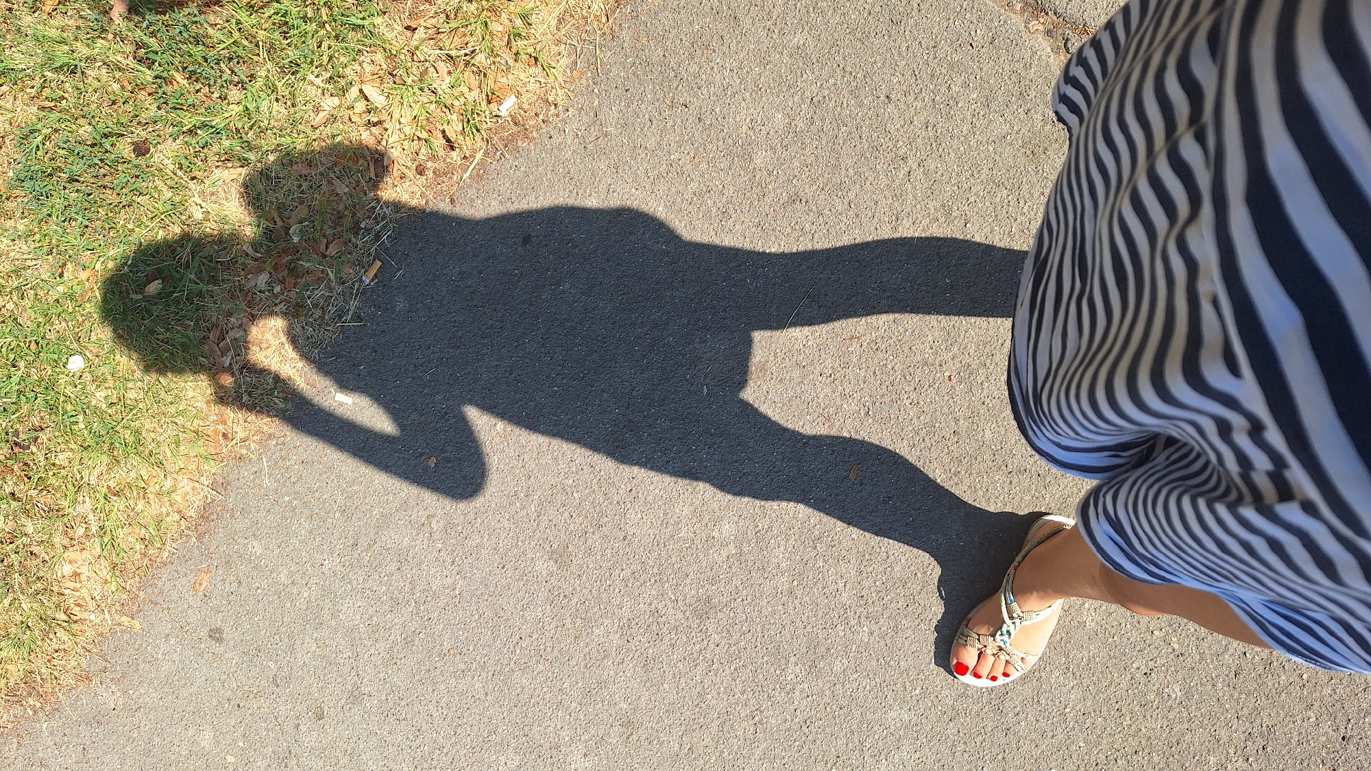 The image shows a shadow of a person holding a phone, taking a selfie. The person is wearing a striped dress and sandals. The shadow is cast on a paved walkway adjacent to a grassy area with fallen leaves. The scene is lit by sunlight. The location is the city of Sombor, Serbia. The image is taken from a high angle, looking down at the person's legs and shadow.