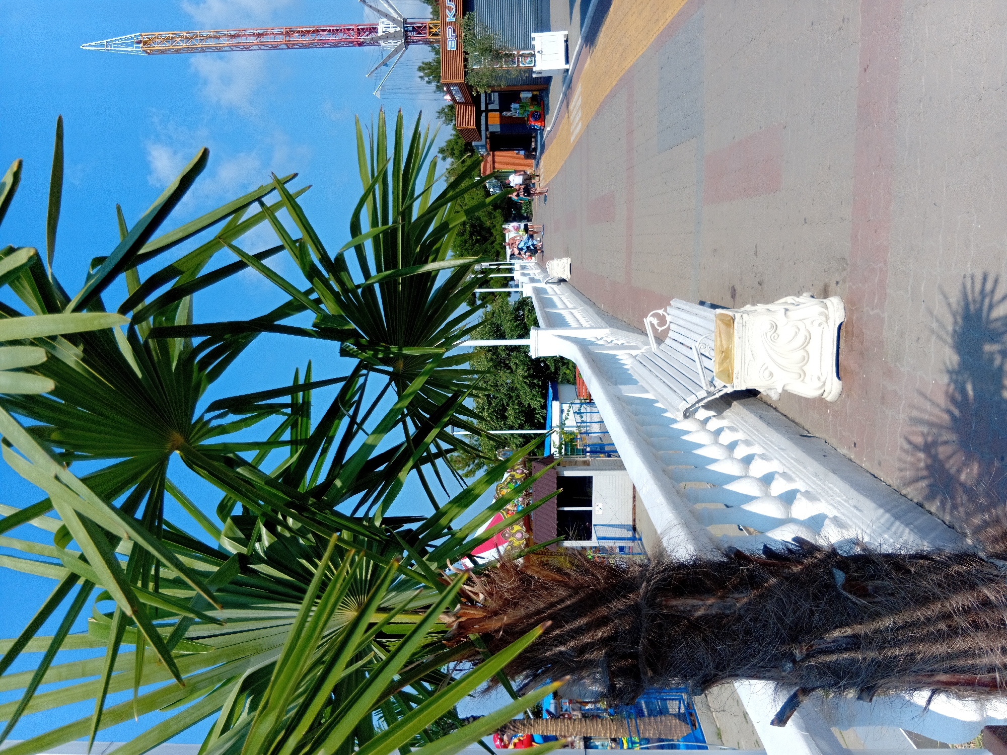 In an outdoor amusement park setting, a tall, red and yellow tower structure, possibly a ride, rises against a clear blue sky with sparse clouds. In the foreground, lush green palm fronds obscure the view of a paved walkway and a white ornate bench. The walkway is marked with colored stripes, and several people are visible sitting or walking on it. Behind the walkway, a row of low-lying buildings with colorful facades suggests shops or attractions. To the right, a white balustrade runs along the walkway, casting a palm tree shadow on the ground. The ground itself appears to be paved with a textured material.