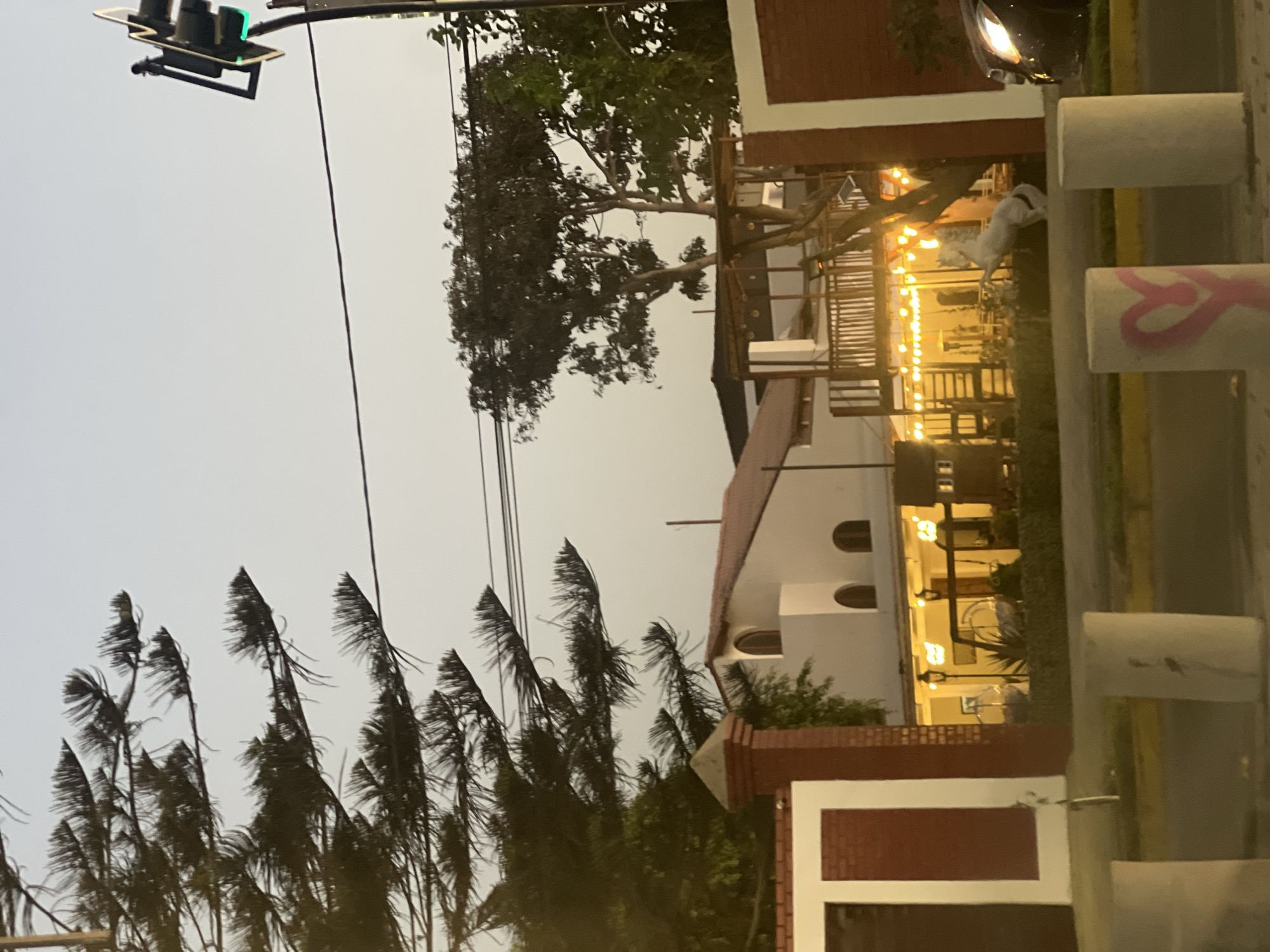 The image depicts a street scene in Arica, Chile, at dusk or dawn. A white building with a red tiled roof and brick accents stands prominently, illuminated with warm-toned string lights along a balcony or patio. Adjacent to the building are tall palm trees silhouetted against the overcast sky. A traffic light with a green light is visible in the upper left corner. Concrete barriers line the street in the foreground, one marked with pink graffiti. A car is partially visible near the building.