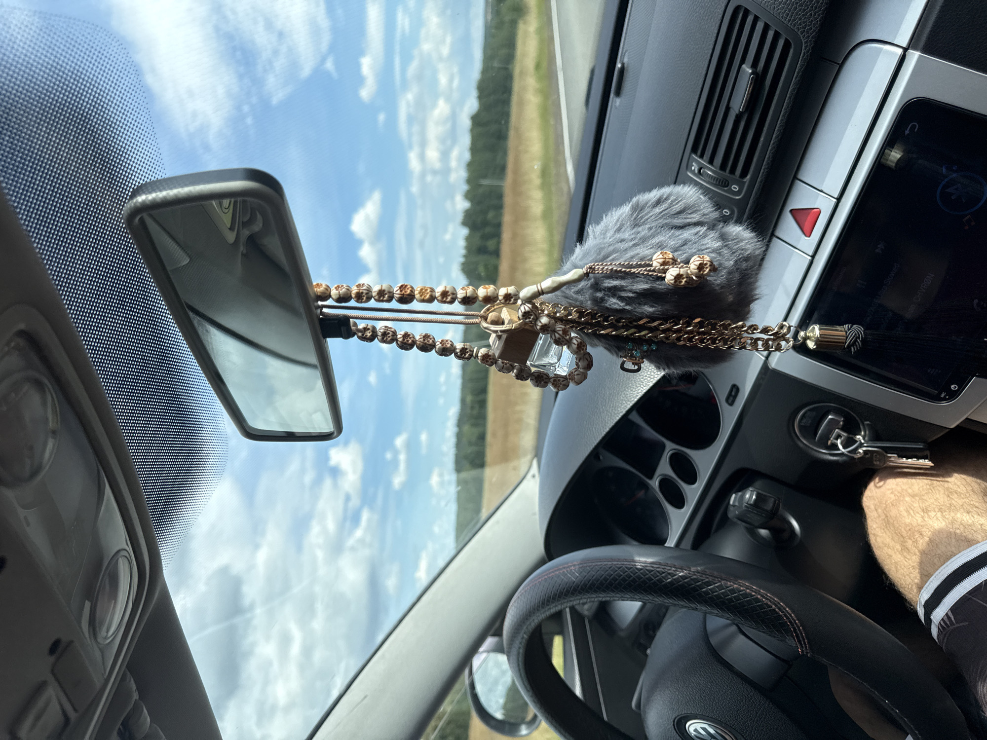 The image is taken from inside a car, looking forward. The interior of the car is visible, including the steering wheel, dashboard, rearview mirror, and a hanging car accessory. Outside the car, a rural landscape is visible through the windshield and side windows, with a road, fields, and trees under a cloudy sky. The car appears to be in motion. The specific location of Nylga, Russia, cannot be determined from the visual information provided.