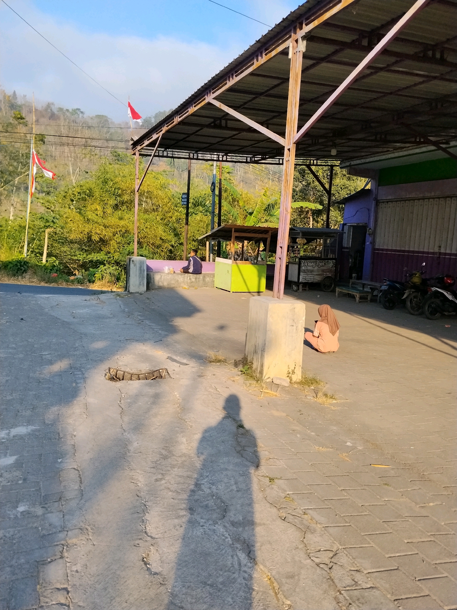 In Panggungan, Indonesia, an outdoor scene is captured under a clear blue sky with sunlight casting long shadows. In the foreground, a grey concrete road with paver brick sections is visible, featuring a partially open concrete grate. A snake is coiled on the road surface. A person's shadow is cast across the foreground.
Further back, a woman wearing a tan hijab and matching outfit is seated on the ground, looking down at a mobile device. Adjacent to her is a concrete pillar. Behind the pillar is a long, purple bench.
In the background, there is a covered structure with a corrugated metal roof supported by metal poles. A small, open-air food stall with a lime green front and a wooden counter is positioned under this structure. Another food stall with a dark wooden frame and wheels is also present. Two motorcycles are parked near a purple building with white paneling and a green stripe.
Two Indonesian flags, one red and white and another red, are flying from flagpoles on the left side of the image, with lush green foliage and trees forming a backdrop. In the distance, rolling hills covered in trees are visible. The overall setting appears to be a roadside area with commercial activity.