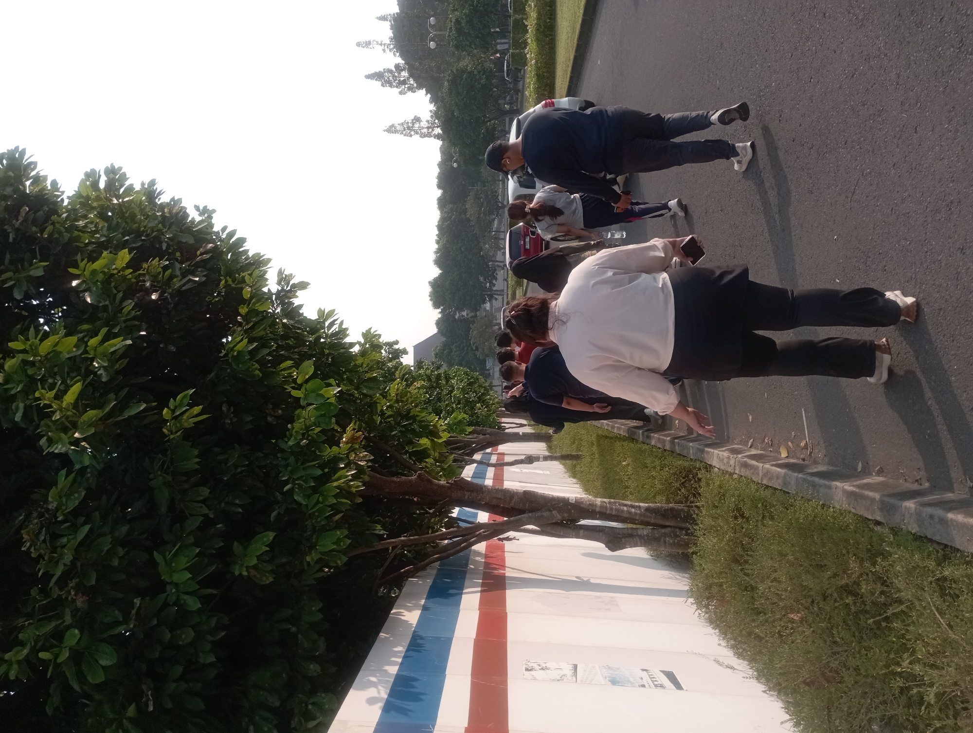 A group of people are walking on a paved road next to a white wall with red and blue stripes. Trees line the wall, and grass grows along the edge of the road. In the background, there are more trees, buildings, and cars. The sky is bright and hazy, suggesting it is daytime. The scene appears to be in an outdoor urban environment. The people are dressed in casual clothing and are walking in the same direction. The overall atmosphere is relaxed and peaceful.