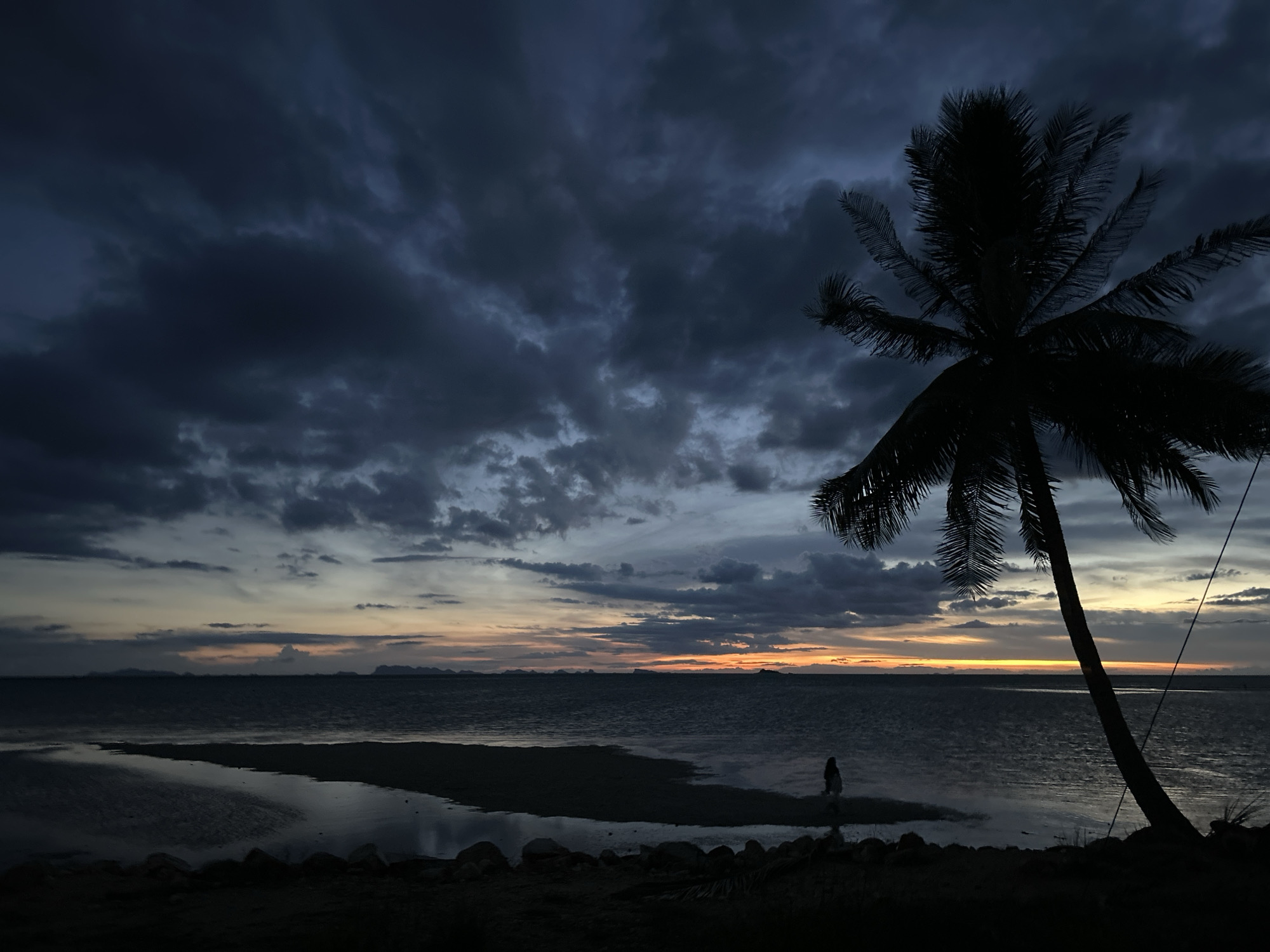 A photograph depicts a coastal scene at dusk in ตำบลเกาะพะงัน, Thailand. A lone figure stands on the shallow shoreline, silhouetted against the horizon. In the foreground, the dark outline of a palm tree dominates the right side of the frame. The sky is filled with dark, ominous clouds, but a band of light illuminates the horizon, casting a faint glow on the water. The dark rocks are in the bottom of the frame.