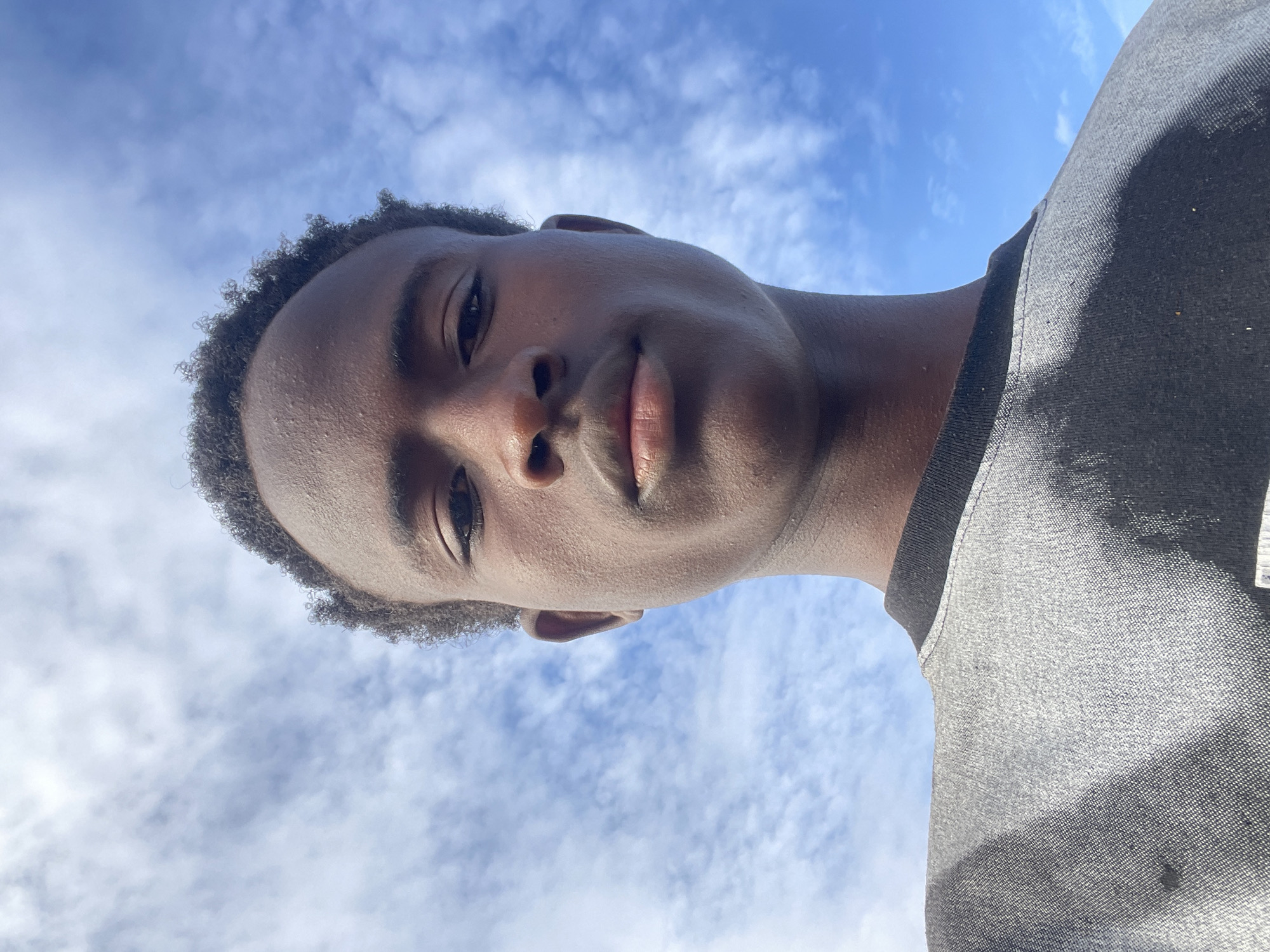 A low-angle, close-up, head-and-shoulders selfie of a young Black male is captured against a backdrop of a partly cloudy blue sky. The subject is positioned centrally in the frame, with his face angled slightly downward. He has dark, curly hair that recedes slightly at the temples, a prominent forehead, and dark eyes that gaze directly at the camera. His nose is broad, and his lips are full and slightly parted. His skin tone is a rich, dark brown. He is wearing a dark gray t-shirt with a lighter gray, abstract pattern across the chest and shoulder. The t-shirt's collar is visible, appearing to be a crew neck. The image is taken outdoors, suggested by the bright daylight and the sky. The specific location in Barakin Lerawi, Nigeria is not discernible from the visual information alone. There are no other individuals or objects in the frame apart from the subject and the sky.
