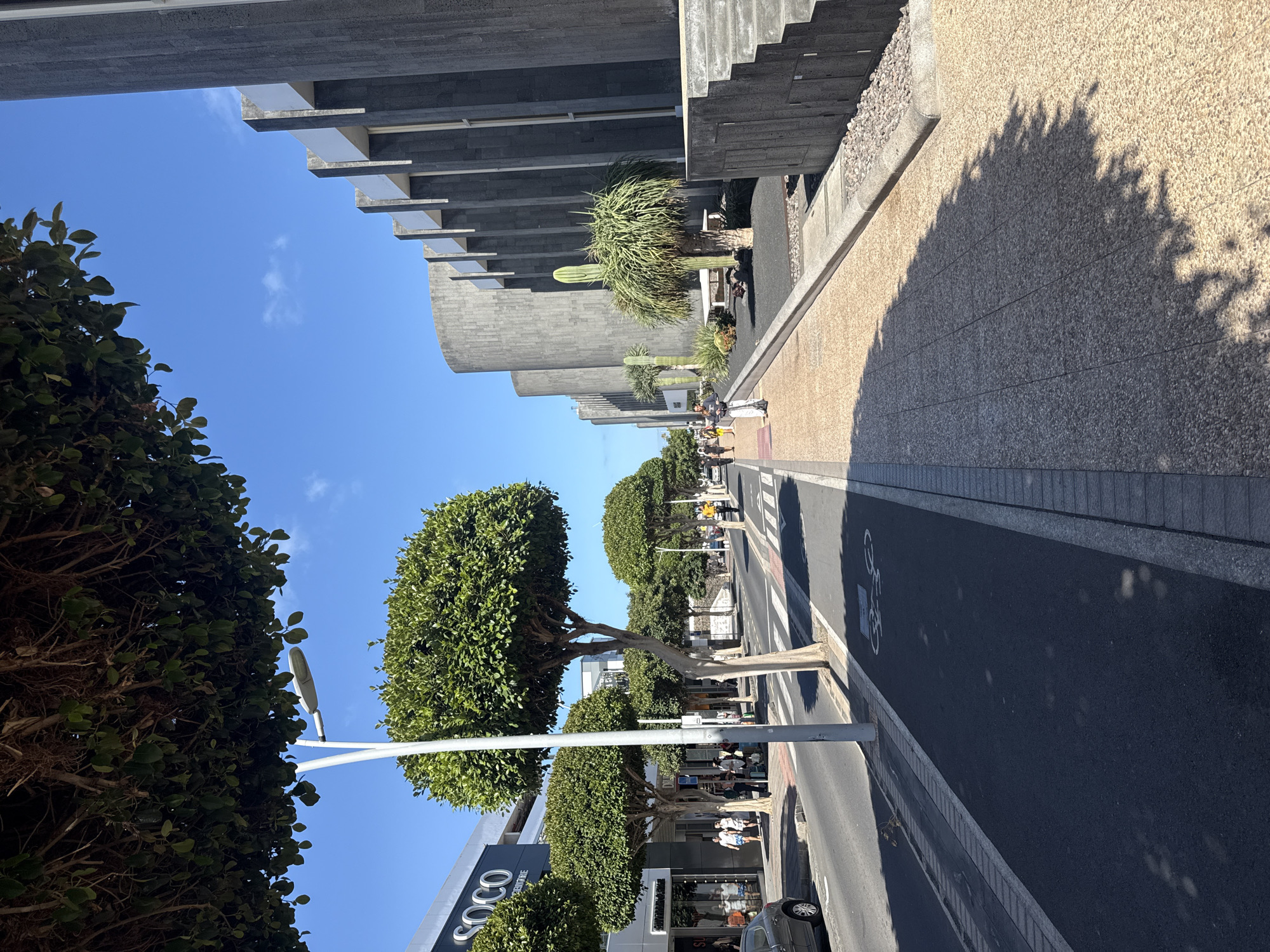The image depicts a street scene in Tías, Spain, characterized by modern architecture and lush greenery under a clear blue sky. On the right side of the frame is a large, imposing building with a gray, textured facade and a series of cantilevered elements. Cacti and other desert plants are planted along the building's edge. The street, marked with a bicycle lane symbol, leads away from the viewer.
On the left, rounded trees line the sidewalk, casting shadows. A street lamp stands beside one of the trees. In the background, people can be seen walking and standing near shops; a sign for a shop called "SOCO" is visible.