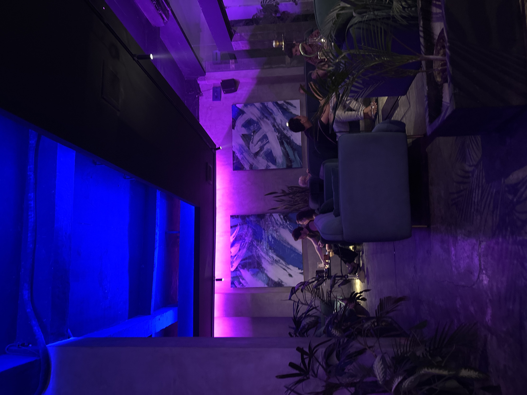 The image captures an atmospheric indoor space, likely a contemporary lounge, bar, or restaurant, illuminated by vibrant blue and purple neon lighting. The dominant cool tones suggest an evening or nighttime setting.
Several individuals are present, seated comfortably on plush, blue-grey lounge couches and chairs, appearing to socialize and relax. In the foreground-midground, a person with dark hair is seen from behind, sitting on a couch. Another individual is visible further back, also seated, with dark hair. Their attire is casual, with white sandals visible on one person's feet. Tables with glassware are present, implying people are enjoying drinks.
The interior design features a striking interplay of light and shadow. A prominent architectural element, possibly a recessed wall or entryway on the left, is bathed in intense blue LED light. To the right, a wall is illuminated with rich purple light, highlighting two abstract paintings with dynamic blue and white brushstrokes. Overhead, a dark beam or structure houses small spotlights, one casting a bright white beam. A small rectangular vent is also visible on this dark overhead structure. Potted tropical plants with large leaves are strategically placed throughout the area, adding a touch of nature to the modern ambiance. The walls appear to be concrete or a similarly textured material.
The overall scene conveys a chic, relaxed, and moody atmosphere, suitable for evening gatherings in a stylish establishment, aligning with a potential location like Kuta Selatan, Indonesia. There is no visible text in the image.