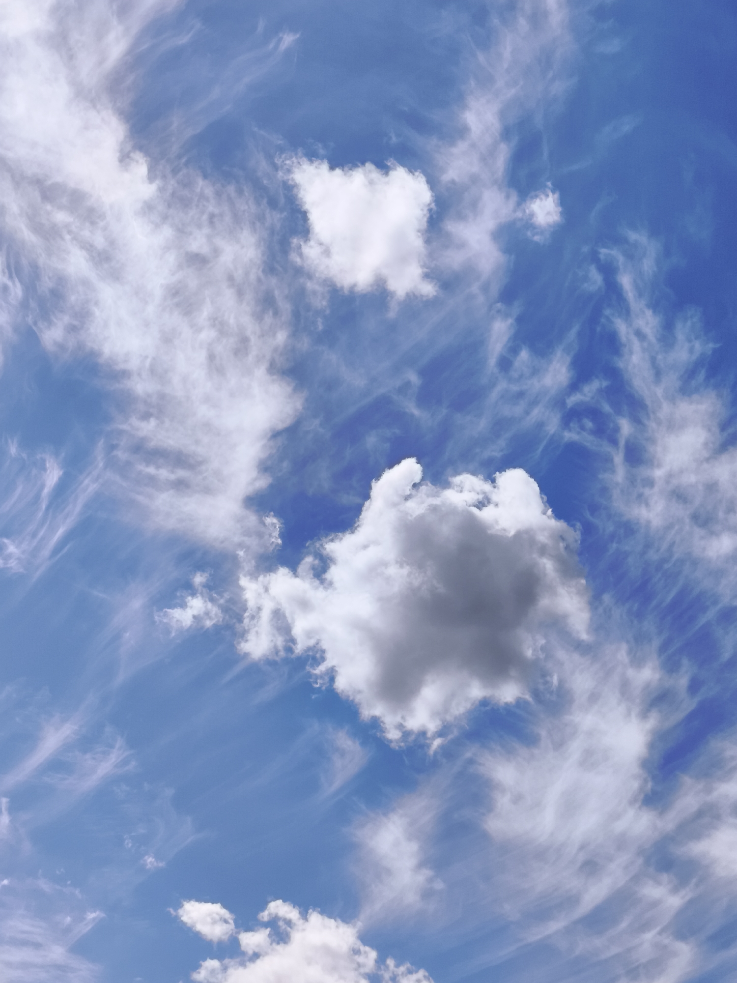 The image shows a bright blue sky with scattered white and gray clouds. Wispy cirrus clouds stretch across the sky, giving it a textured appearance. There is no indication of Gdańsk, Poland or any specific location within a city. The scene is a natural outdoor environment, devoid of any human presence or man-made objects. The focus is solely on the atmospheric conditions.