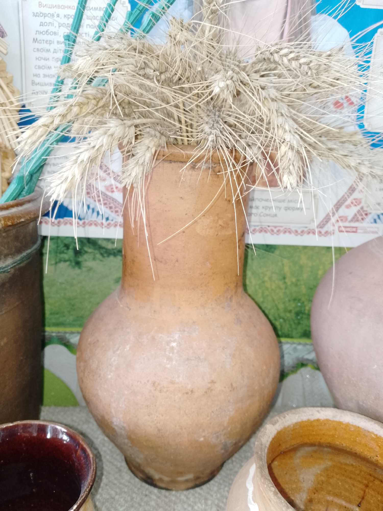 The image displays an indoor arrangement of rustic pottery and dried wheat stalks, typical of Ukrainian folk art or cultural decoration, set in Ustyvytsia, Ukraine. Central to the composition is an unglazed, reddish-brown clay jug with a narrow neck, filled with a dense bouquet of dried wheat ears. The jug has a weathered appearance, possibly with a layer of dust or white residue.
Surrounding the central jug are other ceramic vessels: a darker, cylindrical pot is partially visible to the left, and a larger, lighter-toned, rounded pot is on the right. In the foreground, at the bottom left, is a ceramic cup or small bowl with a dark, glossy, reddish-brown interior, while a light-colored, cracked pot with a yellowish interior occupies the bottom right. A few strands of green, string-like material are mixed with the wheat stalks to the left.
The background features an informational panel with text in Ukrainian. Visible words on this panel discuss the "Вишиванка" (Vyshyvanka – Ukrainian embroidered shirt), describing it as a "символ" (symbol) of "здоров'я" (health), "любові, радості" (love, joy), and "долі" (destiny). The text further mentions "Матері вишивають своїм дітям" (Mothers embroider for their children) and includes phrases like "має круглу форму" (has a round shape) and "Сонця" (Sun), likely referencing traditional Ukrainian symbols. A green and white graphic or image is visible beneath this text panel. No people are present in the image.