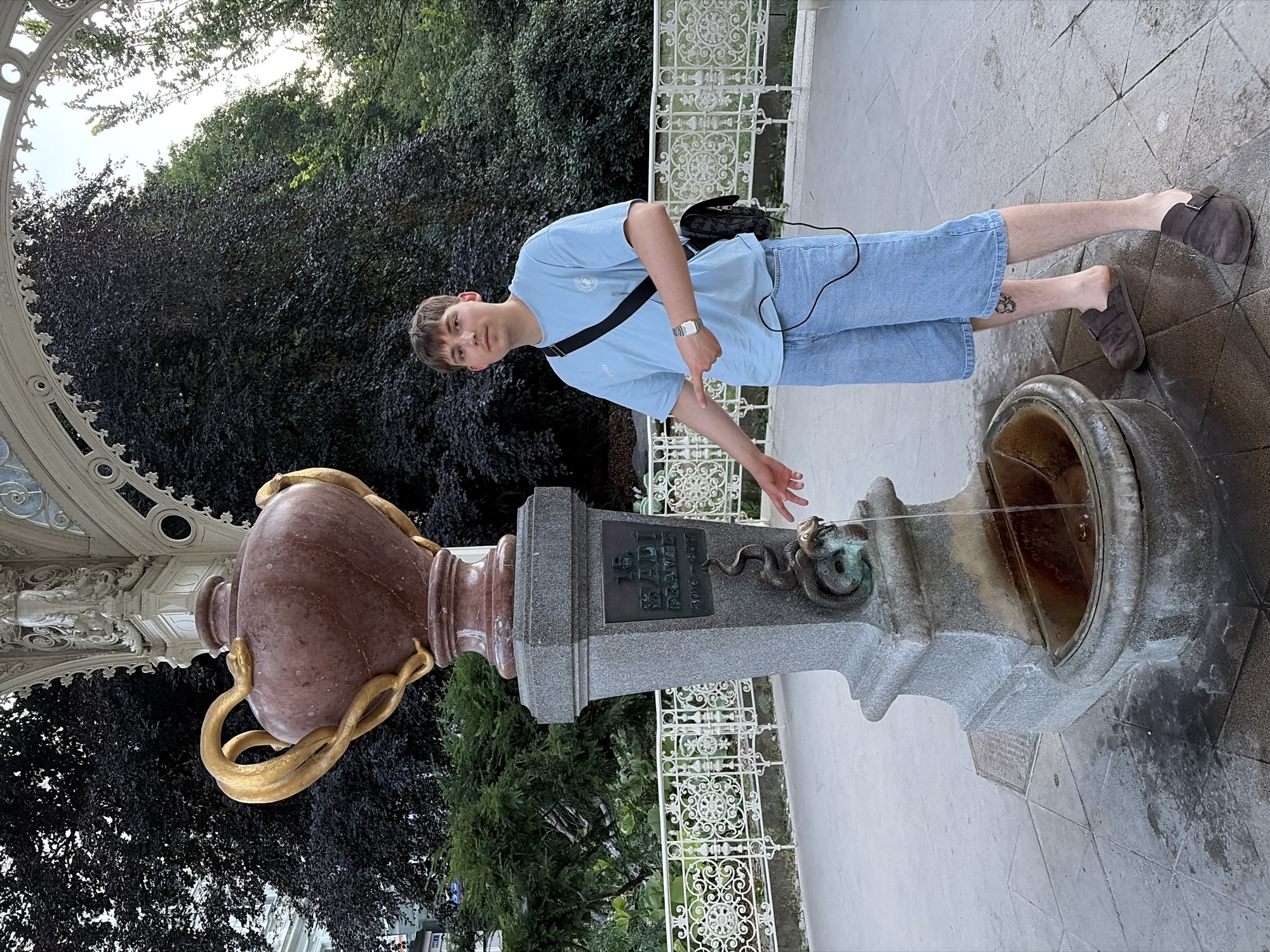 A young Caucasian man stands to the right of a ornate public fountain in Karlovy Vary, Czechia. The fountain is made of granite and features a large, reddish-brown urn with golden snake-like handles, and a bronze serpent head from which water flows into a basin. A bronze plaque on the granite base reads "15. KADÍ Pravém 2010 ~ 2017". The man, wearing a light blue t-shirt, denim shorts, and brown slip-on shoes, points with his right index finger towards the flowing water. He has a black crossbody bag slung over his shoulder. The background consists of lush green trees and a decorative white railing. The ground is paved with stone tiles, some of which appear wet. The sky is visible through the trees, with sunlight filtering through.