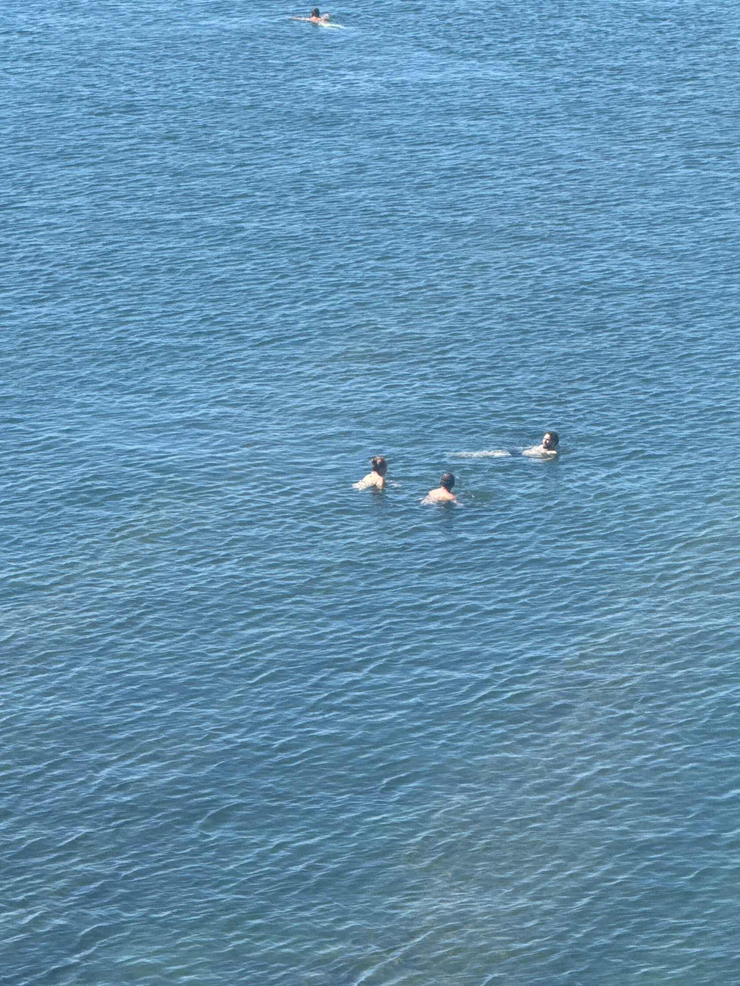 In the vast expanse of the Black Sea off the coast of Anapa, Russia, four individuals are visible enjoying the water. The scene is characterized by the calm, blue expanse of the sea, with gentle ripples indicating a mild day. Two people are swimming in the middle ground, appearing to be in conversation. Further in the distance, two more individuals are swimming, one slightly closer to the foreground than the other. The water is clear enough to discern the presence of these swimmers against the deep blue of the sea. The overall impression is one of leisure and recreation on a sunny day.