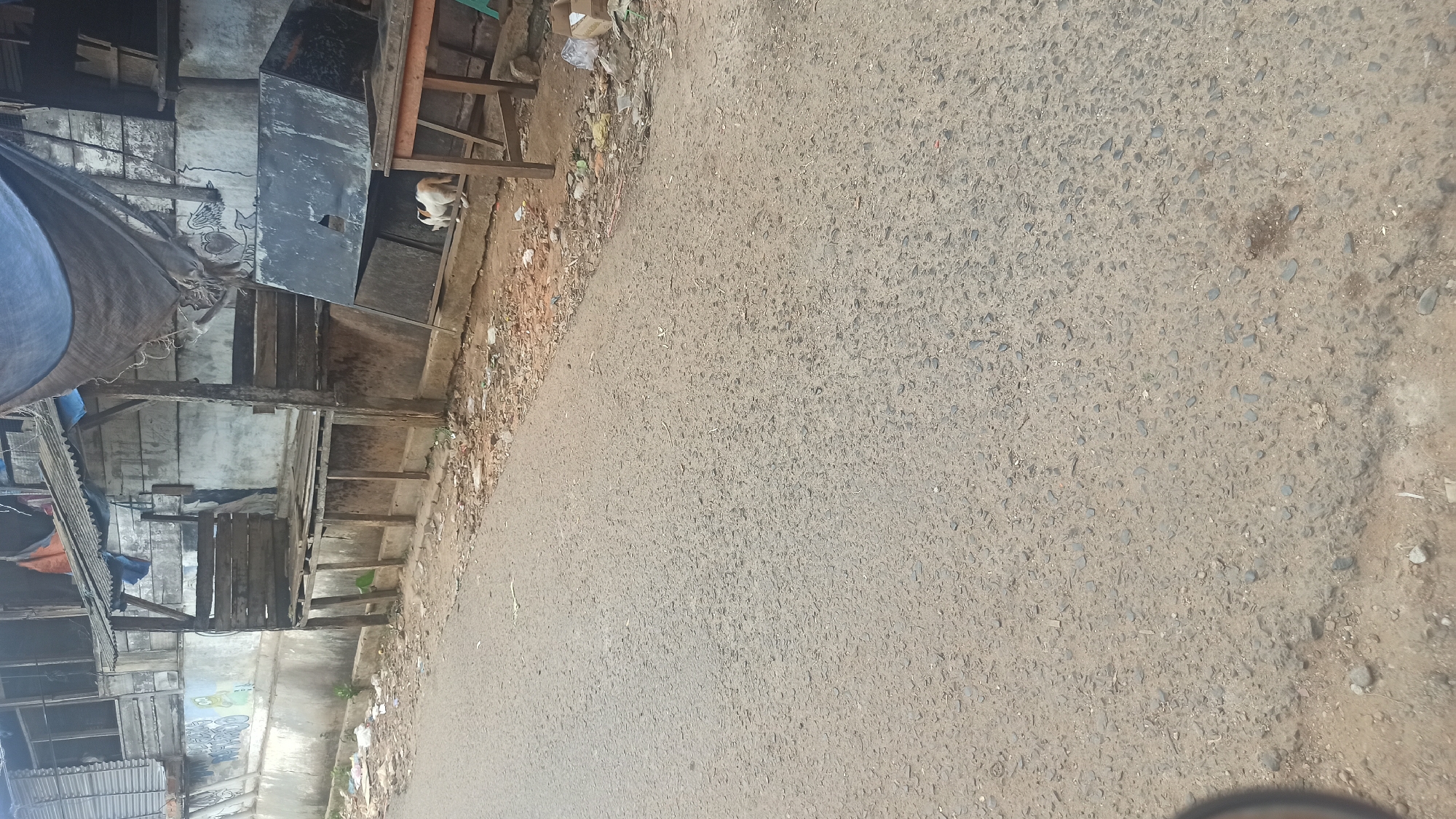 A street-level, eye-level shot captures a dilapidated roadside scene in Tuba, Indonesia. In the foreground, a rough asphalt road takes up the majority of the frame, its surface textured with dark grey stones and patches of lighter soil. Along the right edge of the road, a narrow strip of dirt and debris is visible, littered with various small objects.
Further back, a makeshift structure of weathered wood and tarpaulin stands against a concrete wall. This structure appears to be an abandoned stall or shelter, with wooden planks forming benches and a sloping roof covered in blue and grey tarpaulin. Graffiti, including what looks like a stylized heart with wings, is visible on the white concrete wall behind the structure.
To the right of the stall, a large, black, irregularly shaped object, possibly a discarded piece of industrial equipment or furniture, lies on the ground. Beneath this object, a dog with white and brown patches is visible, sniffing at the ground. Next to the dog and the black object, a simple wooden table with a reddish-orange top sits on the ground. A cardboard box and scattered debris are also present in this area. The overall impression is one of neglect and urban decay.