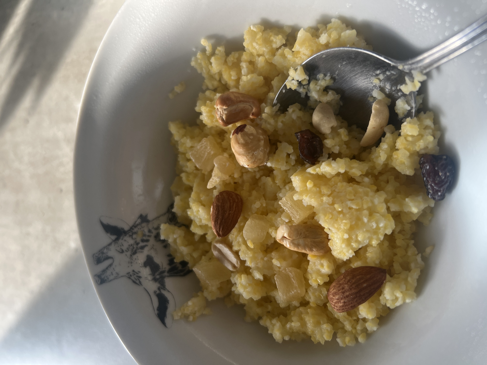 A close-up, eye-level, outdoor shot shows a white bowl with a black giraffe silhouette on the inside rim. The bowl is filled with a yellow, granular food, likely porridge, topped with various nuts, including almonds and cashews, as well as diced pieces of what appears to be dried pineapple and a few raisins. A silver spoon rests in the bowl, partially submerged in the food. The background is a blurred surface with diagonal shadows, suggesting a table or countertop in an indoor setting illuminated by sunlight. The image is tightly cropped, focusing on the food and the bowl. The location is not specified within the image.