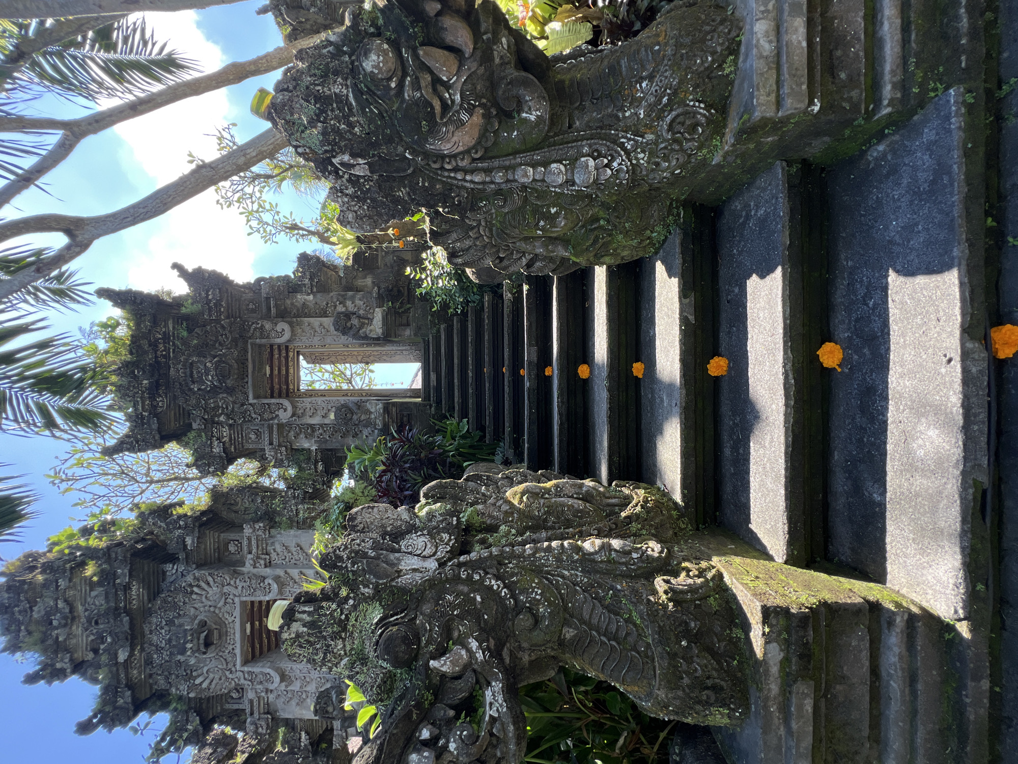 The image shows a set of weathered stone stairs leading to a gateway structure in Kedewatan, Indonesia. The stairs are flanked by carved stone dragon-like figures covered in moss. Scattered on several steps are small, orange flowers. Sunlight creates strong shadows across the stairs. In the background, a second, ornate stone structure with a gateway opening is visible. The sky is blue with some visible vegetation and palm tree branches near the top.