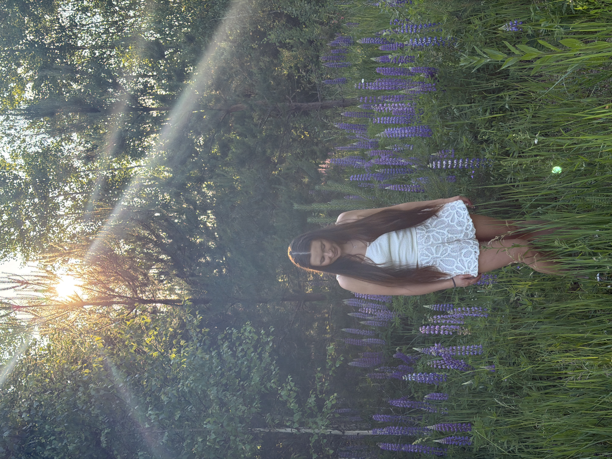 A young woman with long, dark hair stands in a field of purple lupine flowers. She is wearing a white tank top and white lace shorts. The sun is setting behind the trees, casting a warm glow and creating light rays. The background consists of trees and a forest. The location is identified as Krasny Mayak, Russia.