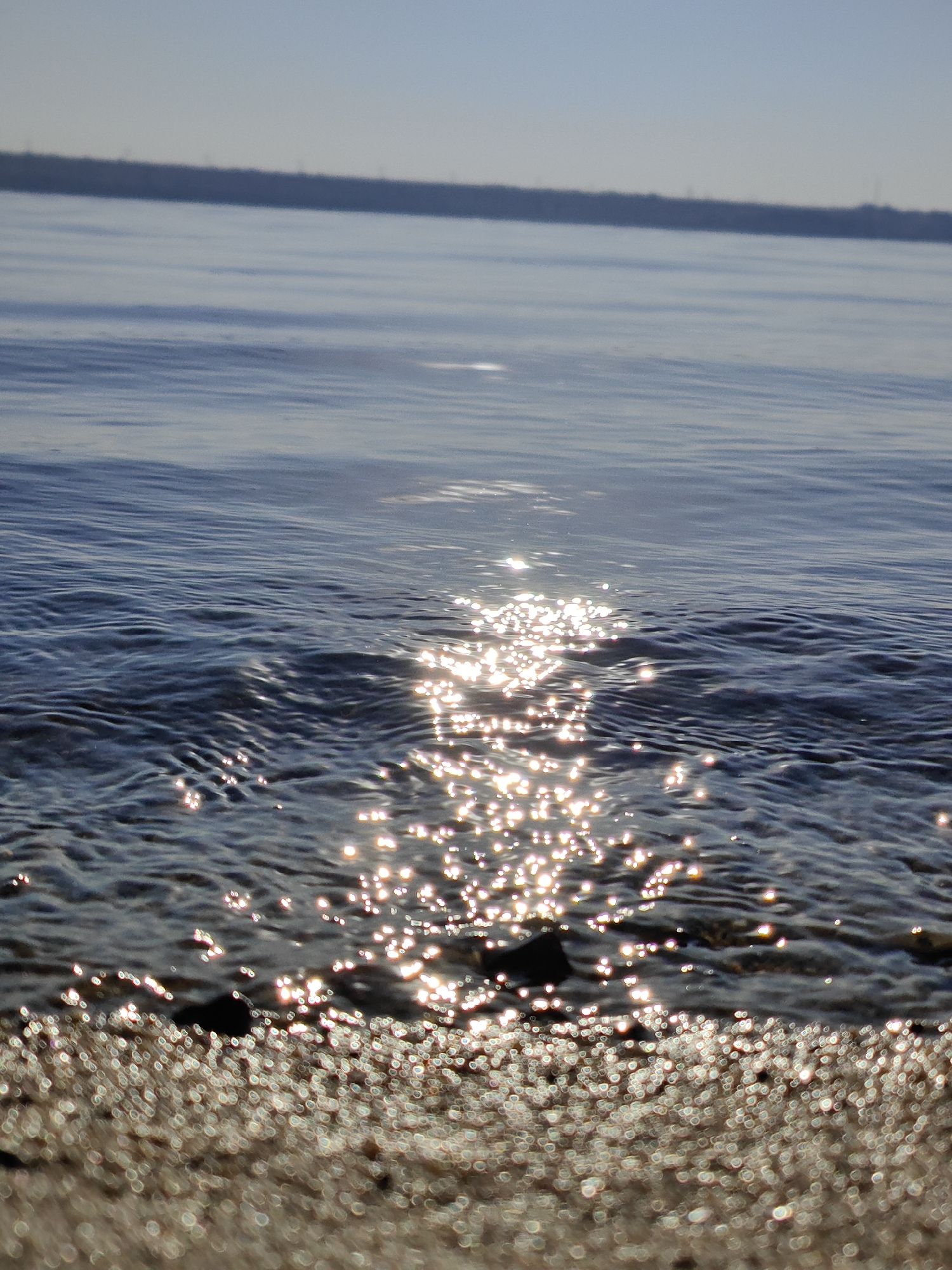 This is a photograph of the Nistru River at Nezavertaylovka, Moldova. The sun is shining, creating a glint on the water. The foreground is a sandy shore. In the background, there is a thin line of trees. The water is calm and reflects the sky.