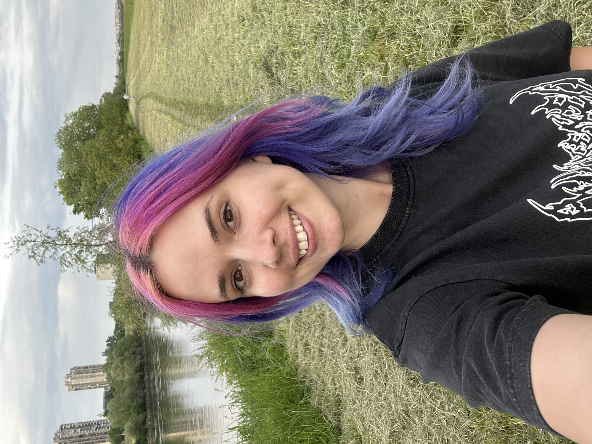 A young person, likely female, is featured in a close-up selfie taken from a low angle while she lies on a grassy field. She has long, striking hair dyed in a gradient from vibrant pink near her scalp to purple and blue towards the ends, flowing around her head on the grass. She smiles broadly, revealing her teeth, and looks directly at the camera with warm brown eyes, conveying a sense of happiness or ease. She wears a dark, possibly black, short-sleeved t-shirt adorned with a prominent white graphic design on the front, which appears to be an intricate, abstract, or possibly gothic pattern without legible text.
The background behind her head and shoulders reveals an outdoor setting. An expansive green field, parts of which appear to be recently mown, stretches into the distance. A line of lush green trees borders the field, and beyond them, a river is visible, reflecting the soft, overcast sky. On the far bank of the river, several multi-story buildings of an urban area rise into the distance, providing a clear city context. The sky is largely covered with clouds, indicating an overcast day or soft daylight. The scene suggests a pleasant moment in a park or riverside area within an urban environment, consistent with the City of Zagreb, Croatia.