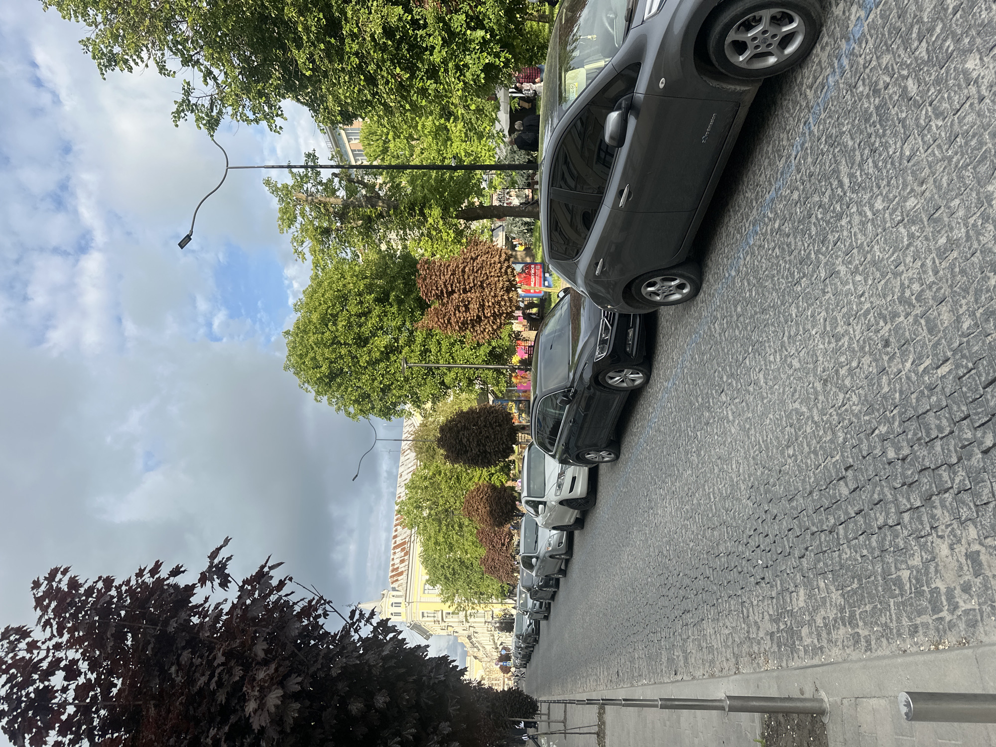 A view looking down a street in the city of Ternopil, Ukraine. Cars are parked along the right side of a cobblestone street. A sidewalk with a metal railing is on the right. Trees line the left side of the street. The sky is cloudy. Buildings are visible in the distance.