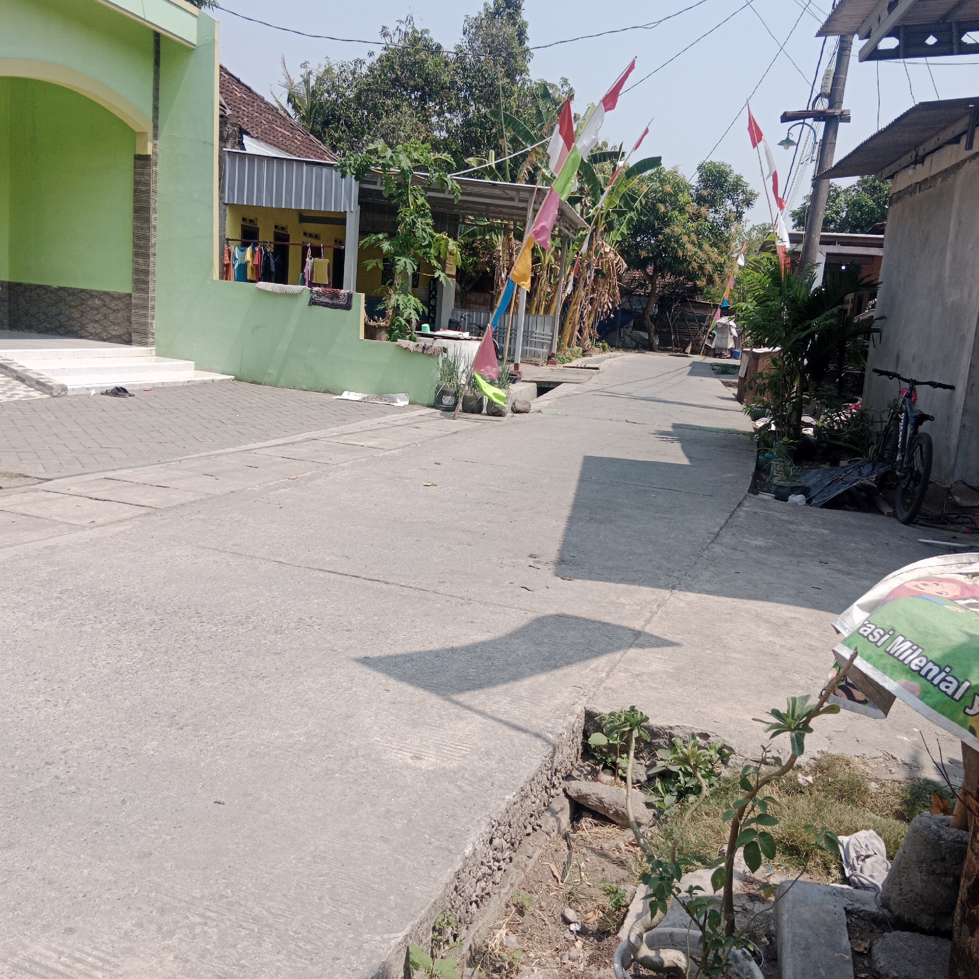 The image depicts a street scene in Tegowanu Kulon, Indonesia. A paved road runs through the center, with a sidewalk on the left leading to a brightly painted green building. Several Indonesian flags, red and white, are strung up on poles along the side of the road, suggesting a national celebration or event. Houses with tiled roofs and some with corrugated metal awnings are visible on either side of the street. Clothes are hanging on a clothesline outside one of the houses. A bicycle is parked near a concrete wall on the right side of the image. The environment appears to be a residential area with trees and vegetation. The lighting suggests it is daytime, with shadows cast across the road. There are no people clearly visible in the scene.