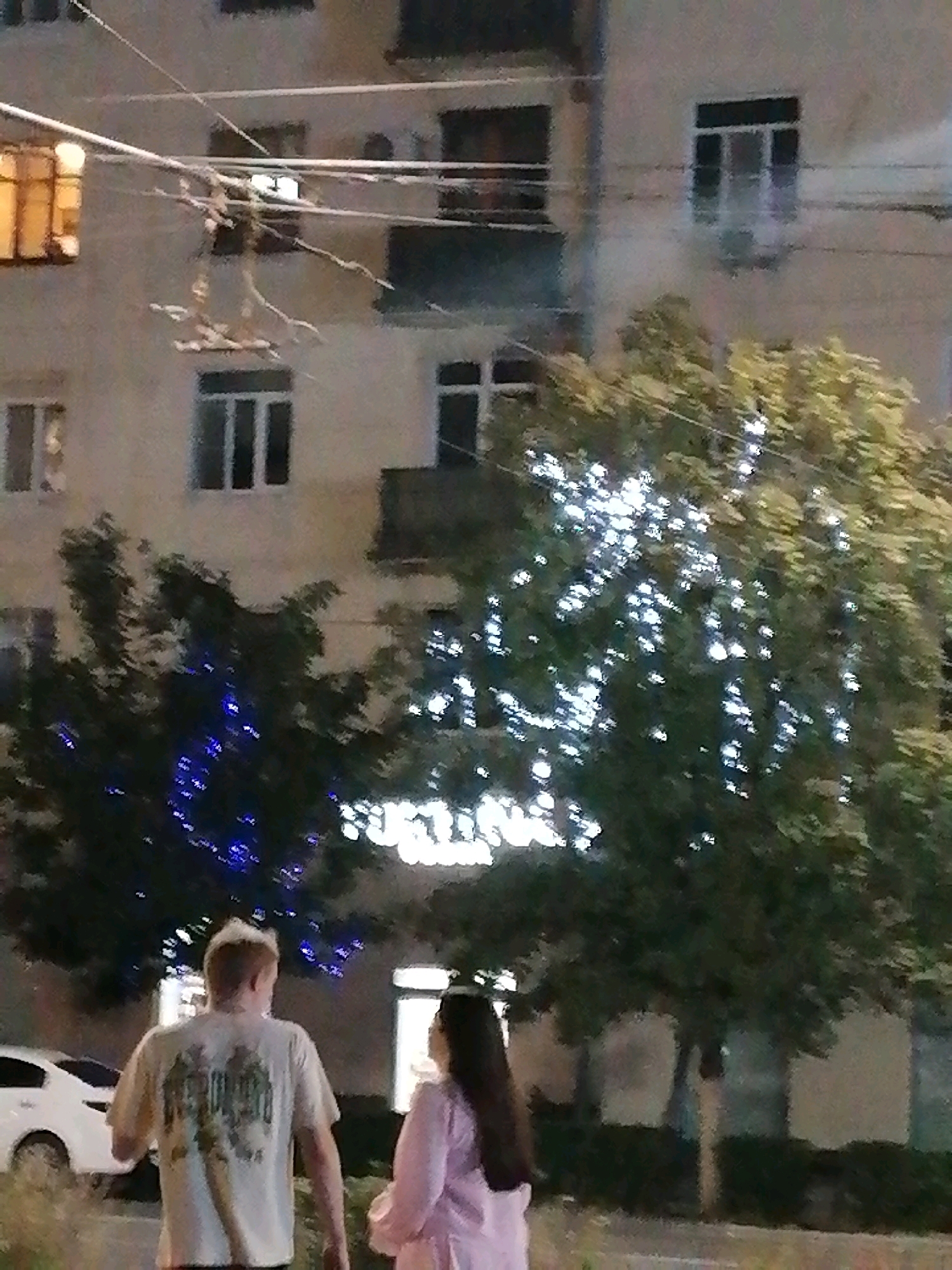The image depicts a street scene at dusk in Rostov-on-Don, Russia. In the foreground, a man with blond hair and a light-colored t-shirt stands with his back to the camera, facing a woman in a pink outfit. Behind them, a tree is decorated with white lights, and another tree is adorned with blue lights. The background features a multi-story building with visible windows, some illuminated. A white car is parked on the left side of the image. The overall atmosphere suggests a residential or commercial area of the city.