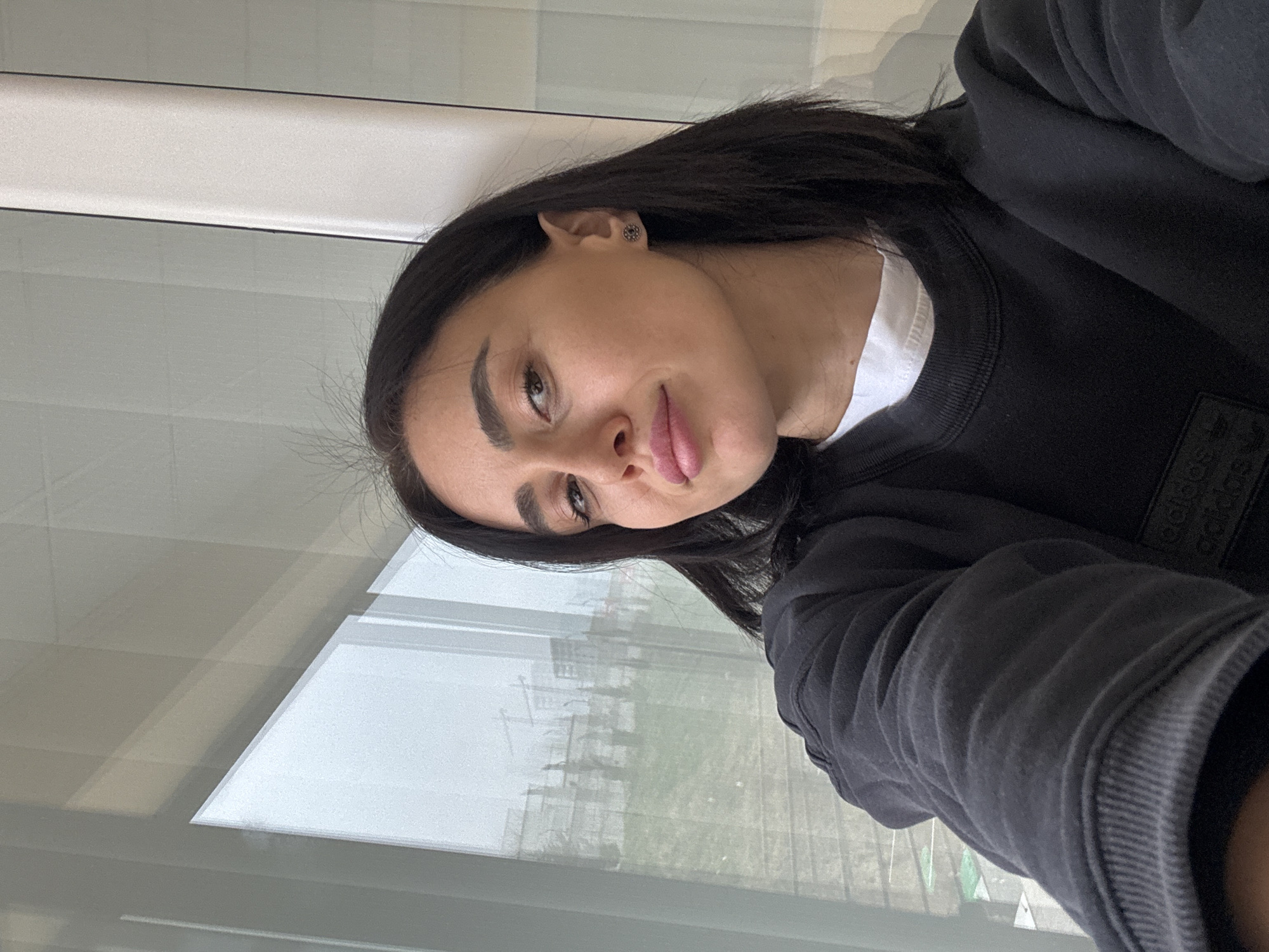 A young adult female is depicted in a close-up, upward-angled selfie, positioned indoors against a large, white-framed window. She has dark, straight hair, dark eyebrows, and full pink lips, looking directly at the camera with a slight pout. She wears a black crew-neck sweatshirt with a tonal "adidas" Trefoil logo visible on the left chest/shoulder area, layered over a white t-shirt, the collar of which is visible. A small, dark, circular stud earring is present in her right ear.
The window offers a hazy view of an urban landscape under an overcast sky. Immediately outside, a grassy slope is visible, leading to rows of slender, dark, newly planted trees. In the mid-to-far distance, the indistinct outlines of buildings are visible, along with two prominent construction cranes, indicating ongoing development. Faint horizontal lines across the lower portion of the outdoor view may represent railway tracks or a major road.
The location is in a developing area of Tbilisi, Georgia. The visual evidence, including active construction, new landscaping, and a view suggesting an elevated position over urban expansion, points to districts such as parts of Saburtalo or Didi Digomi, which are known for significant residential and infrastructure growth.