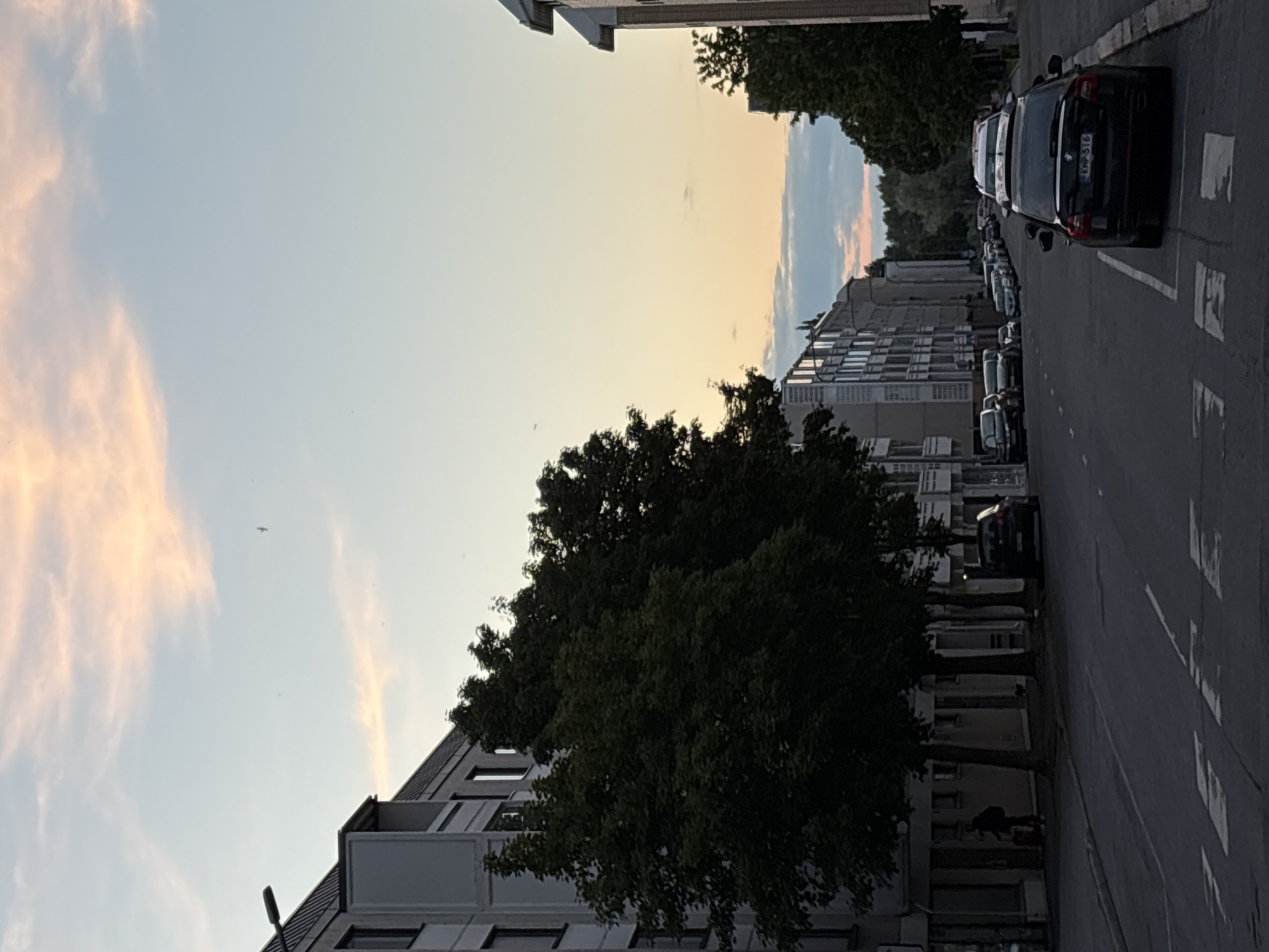 The image depicts a street scene in Pori, Finland, during twilight. The sky displays soft hues of pink and orange from the setting sun, with pale blue prevalent. A few scattered clouds are visible. On the left side of the street, a modern, multi-story building with a grey facade and numerous windows stands tall. Adjacent to it, dense, dark green trees line the sidewalk. Further down the street, other buildings and more trees are visible. The street itself is paved and appears to be an urban road, with white pedestrian crossing markings painted on the asphalt. Several cars are parked along the right side of the street, and a few are driving or parked further down the road. One person is walking on the sidewalk on the left, pulling a suitcase. The overall impression is of a quiet, late-evening urban environment.