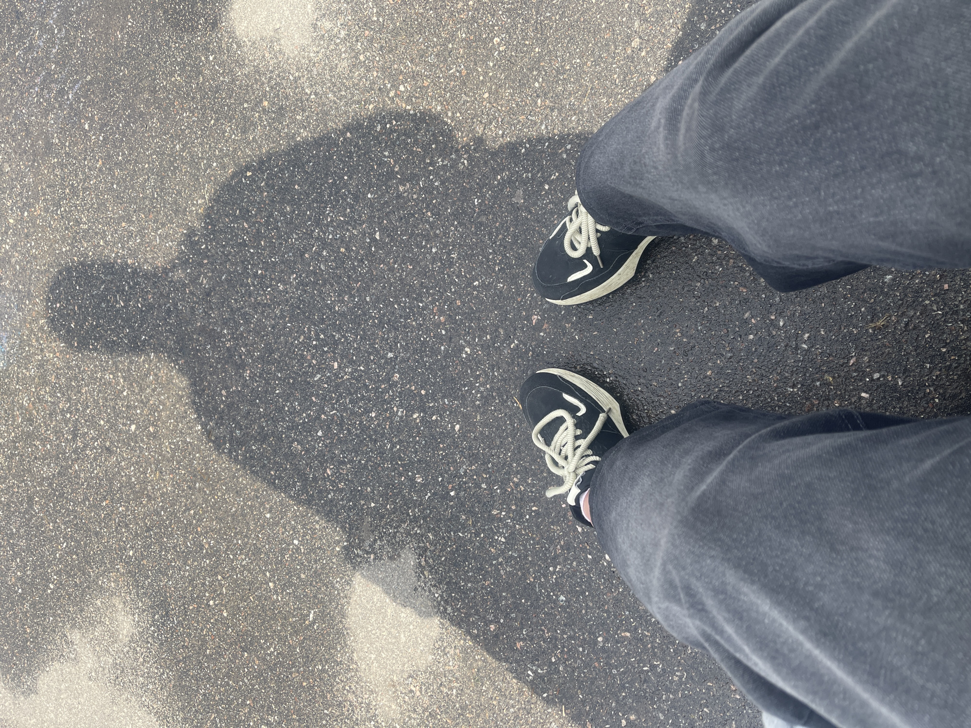 The image presents a top-down view of a person's legs and feet standing on a textured outdoor paved surface, likely asphalt or concrete. The person is wearing dark grey or black trousers, which appear to be jeans, and black sneakers with white or cream-colored laces and matching soles.
A distinct, dark shadow of a person, extending from the bottom left to the center-left, is cast upon the ground. This shadow includes the outline of a head and shoulders, indicating the presence of bright sunlight and suggesting the sun is positioned behind or to the side of the person taking the photograph. The ground itself is composed of small, light-colored aggregates embedded in a darker matrix, creating a speckled appearance. There are also several brighter, almost reflective patches on the ground, particularly in the upper right and lower left portions of the frame.
The strong, clear shadow implies a sunny day, likely morning or afternoon. The activity depicted is simply standing or possibly walking, captured from the individual's perspective looking down at their feet. No specific location cues are visible within the image beyond the type of paved surface. The provided context places the location in Poltava, Ukraine. No visible text or discernible emotions are present.