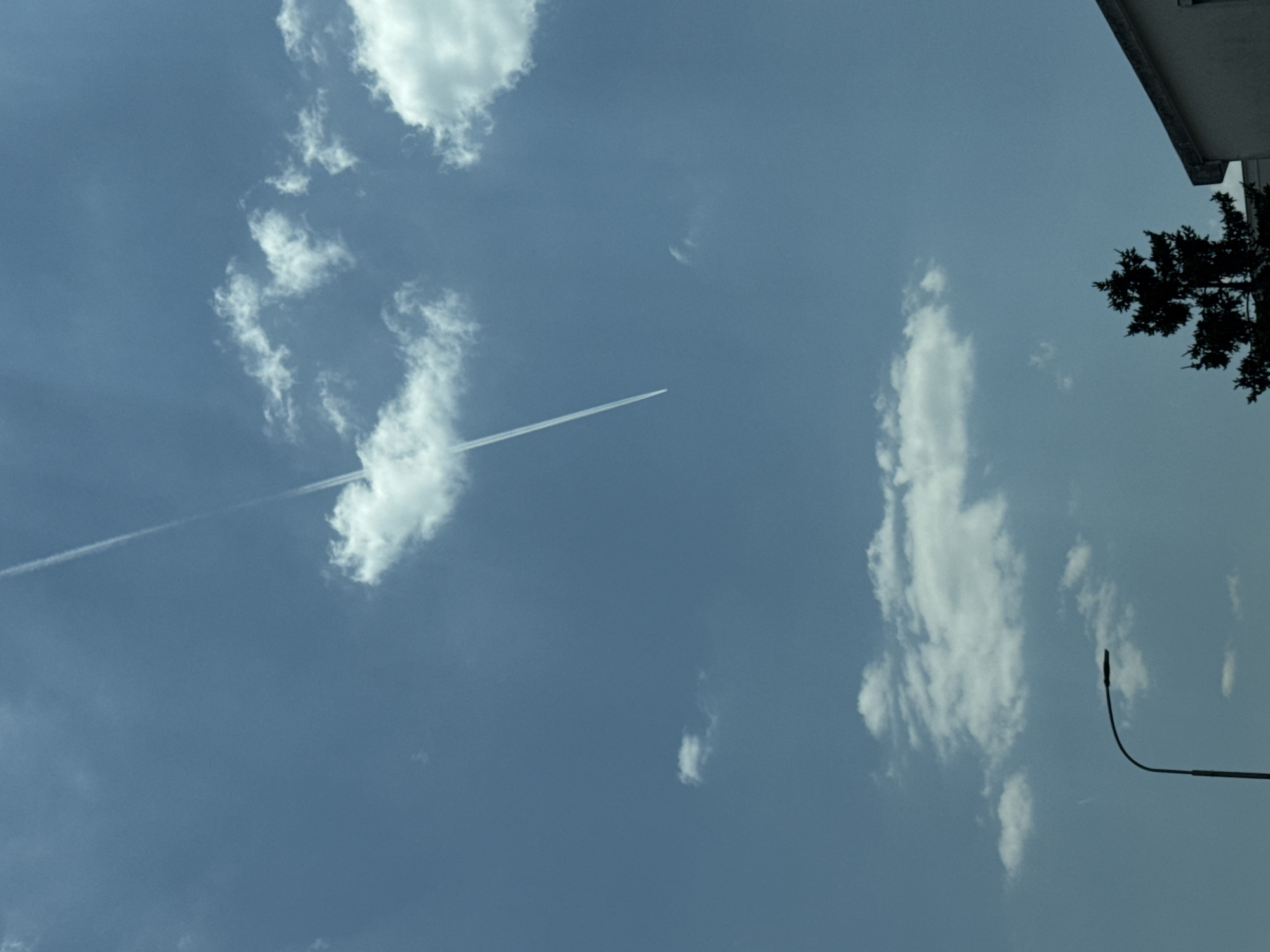 This is a photograph taken from a low angle, looking up at a bright blue sky with scattered white clouds. A long, thin contrail, likely from an airplane, stretches diagonally across the upper half of the frame. In the lower part of the image, a black street lamp curves upwards from the left side, its light obscured by the bright sky. To the right of the street lamp, a dark silhouette of a coniferous tree is visible, and partially behind the tree is the corner of a building with a light-colored facade. The scene appears to be outdoors, possibly in an urban or suburban setting, given the presence of the street lamp and building. The presence of a street lamp and building suggests this could be a street or park area. No people or animals are visible in the frame. The image is well-lit, suggesting daylight. The location in Budva, Montenegro cannot be determined from the visual information alone.